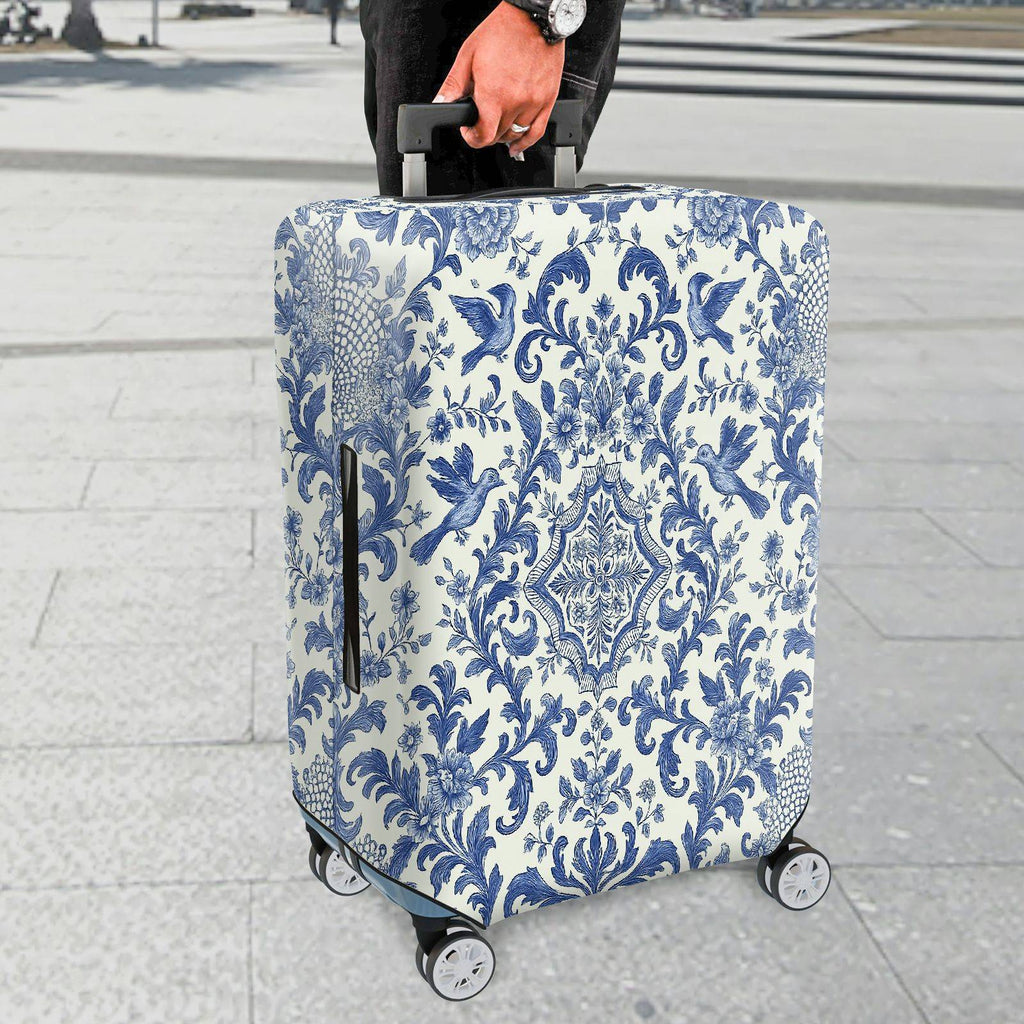1-Piece Blue Vintage Floral Bird Pattern Damask  Suitcase Luggage Cover, Stretch Protective Sleeve