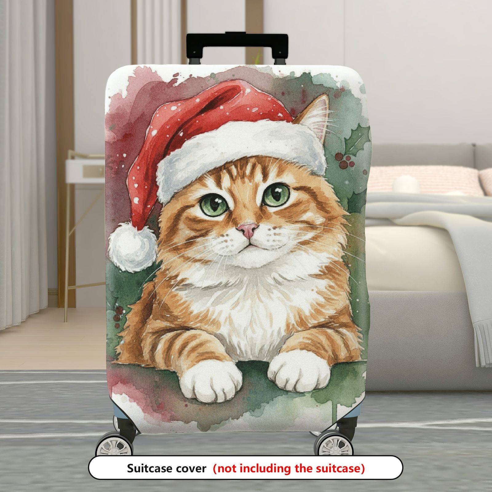 1-Piece Christmas Cat Santa Hat Watercolor Holiday  Suitcase Luggage Cover, Stretch Protective Sleeve