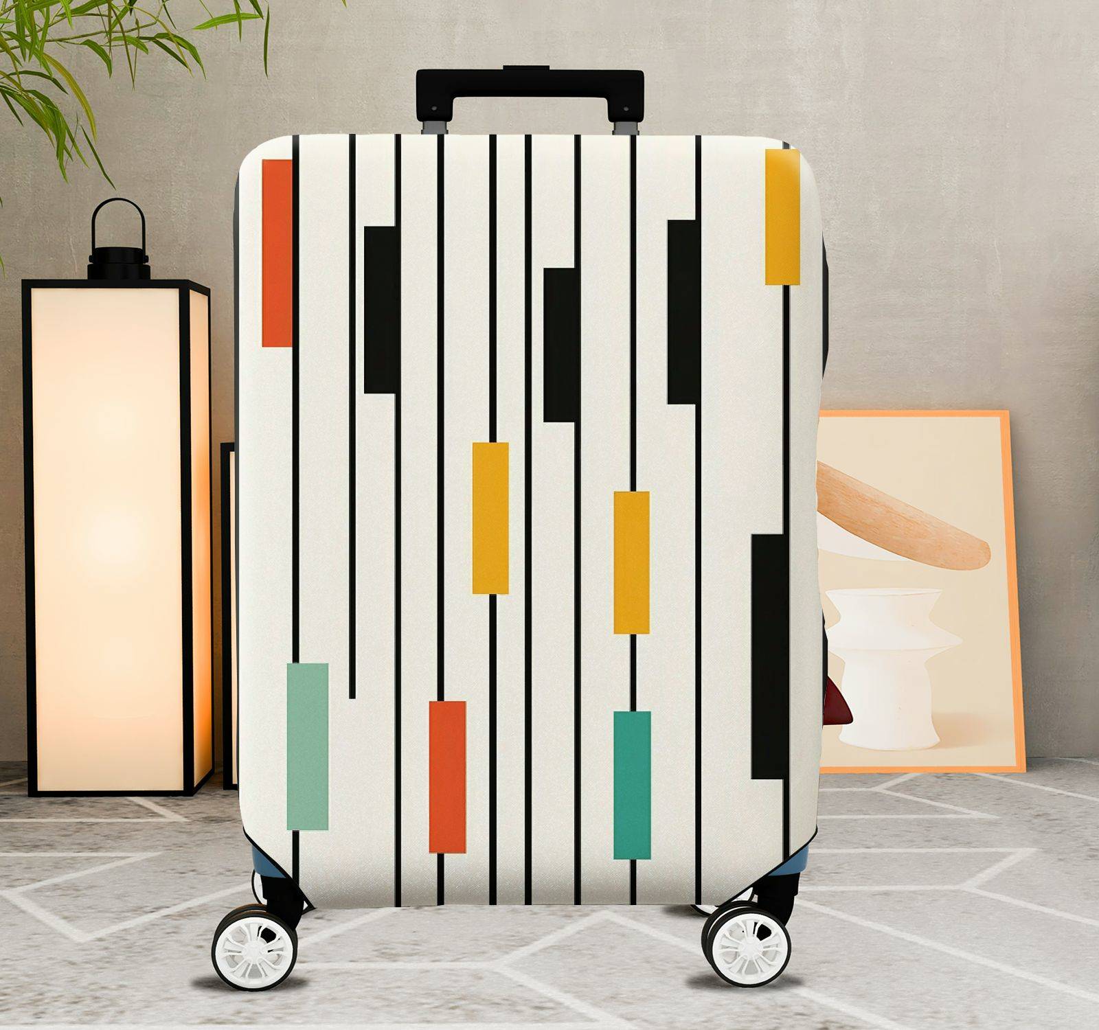 1-Piece Striped Colorful Geometric Abstract Modern Artistic  Suitcase Luggage Cover, Stretch Protective Sleeve
