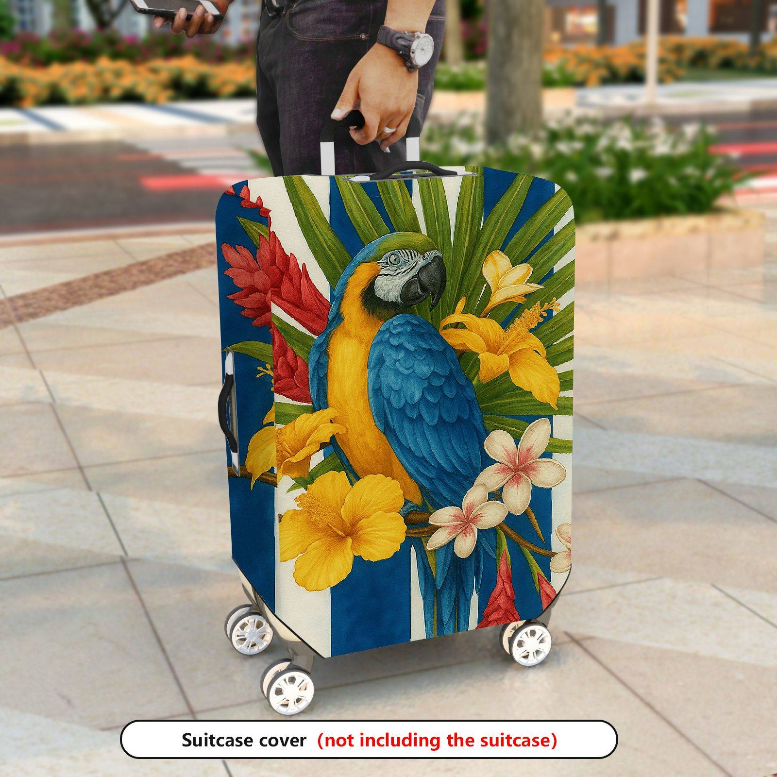 1-Piece Tropical Parrot Floral Stripe Colorful  Suitcase Luggage Cover, Stretch Protective Sleeve