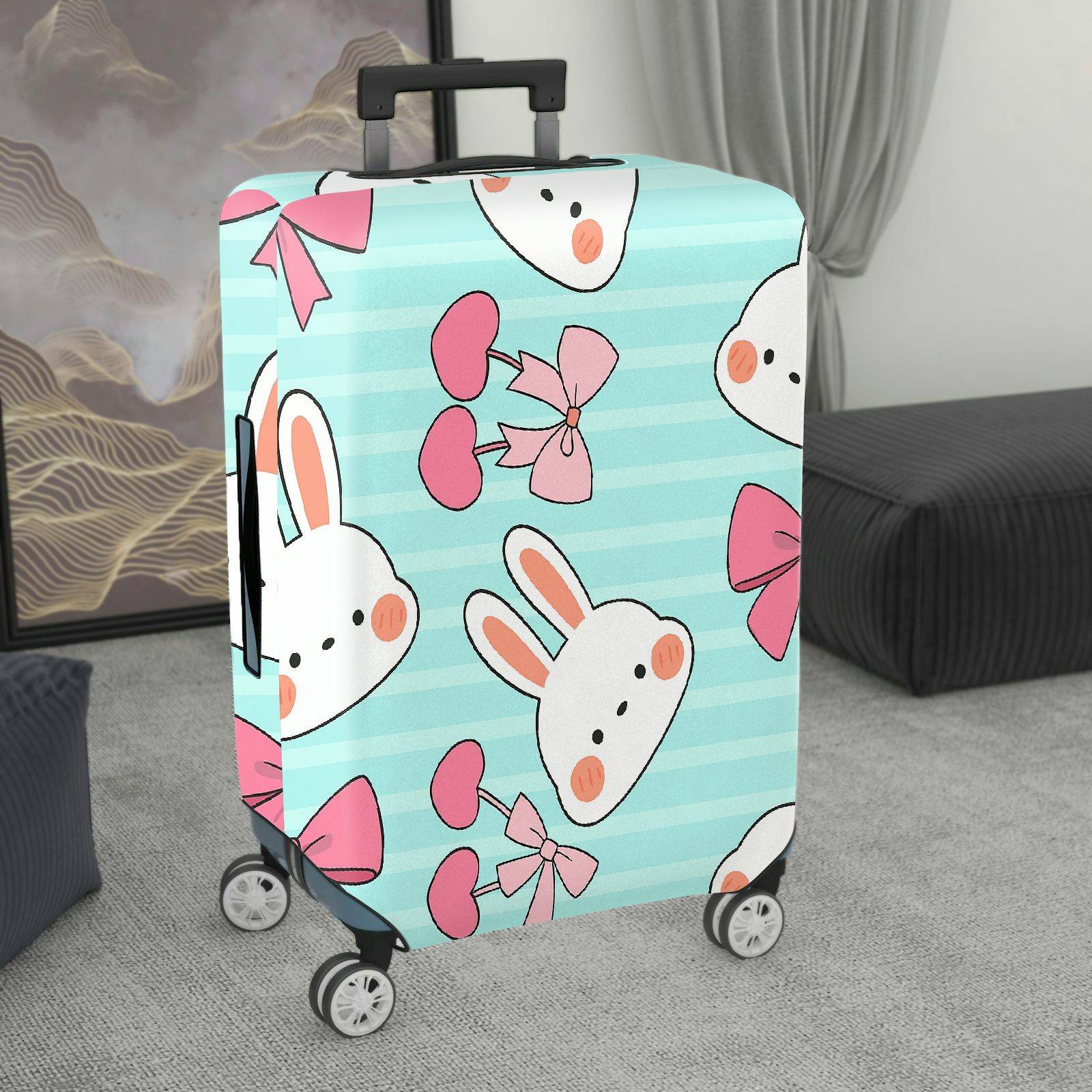 1-Piece Cute Bunny Pink Bow Love Stripes  Suitcase Luggage Cover, Stretch Protective Sleeve