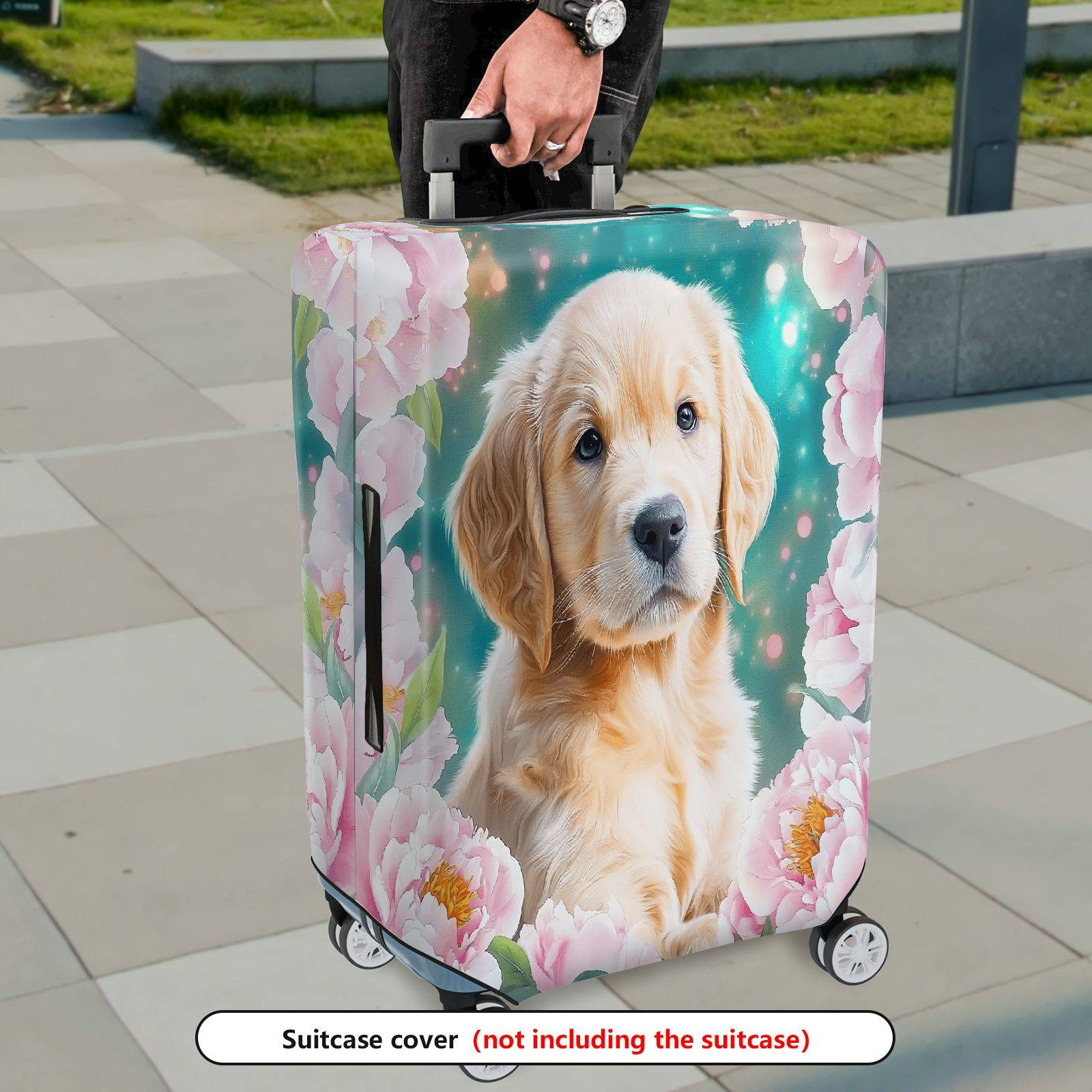 1-Piece Floral Dog Pink Peony Cute Animal  Suitcase Luggage Cover, Stretch Protective Sleeve