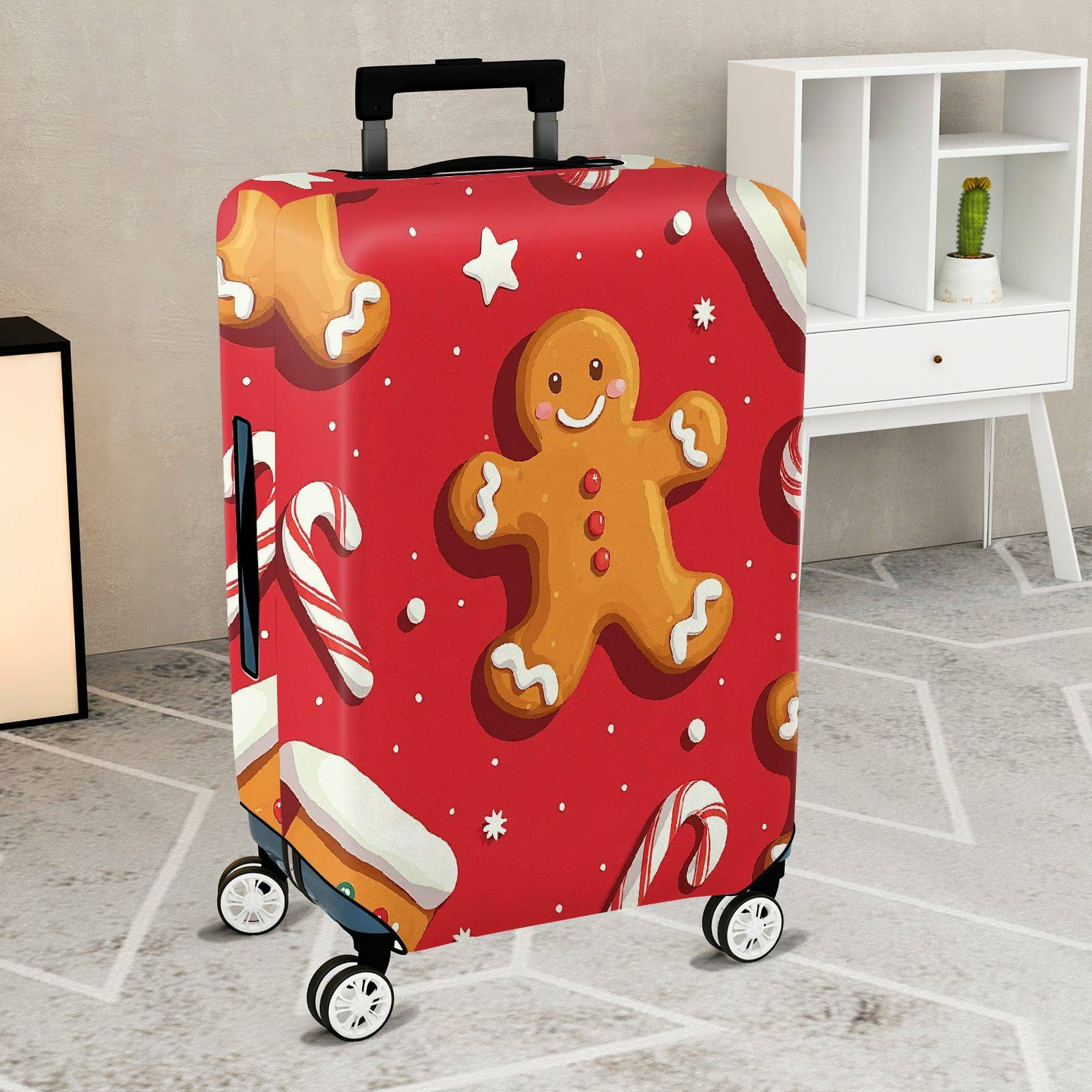 1-Piece Gingerbread Candy Cane Christmas Holiday Festive  Suitcase Luggage Cover, Stretch Protective Sleeve