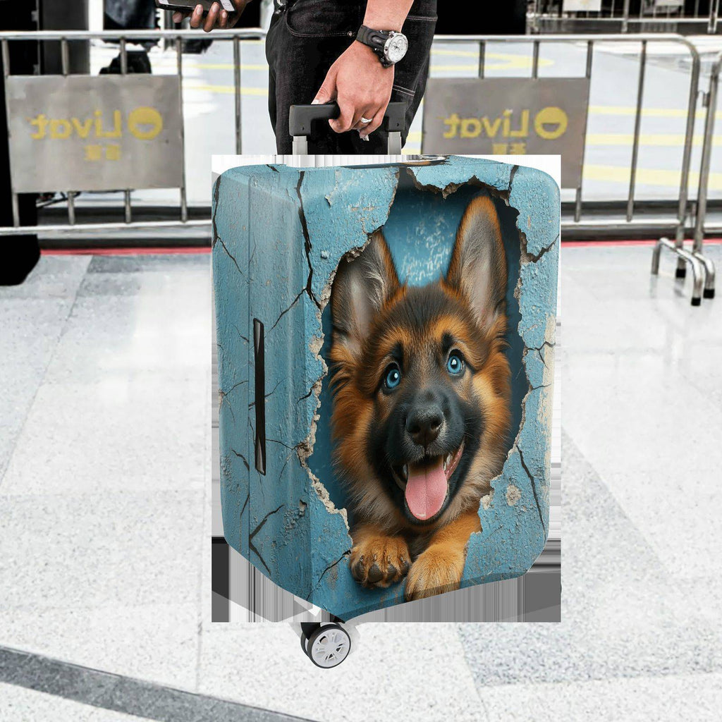 1-Piece Cute German Shepherd Puppy Animal Realistic 3D Print Blue  Suitcase Luggage Cover, Stretch Protective Sleeve