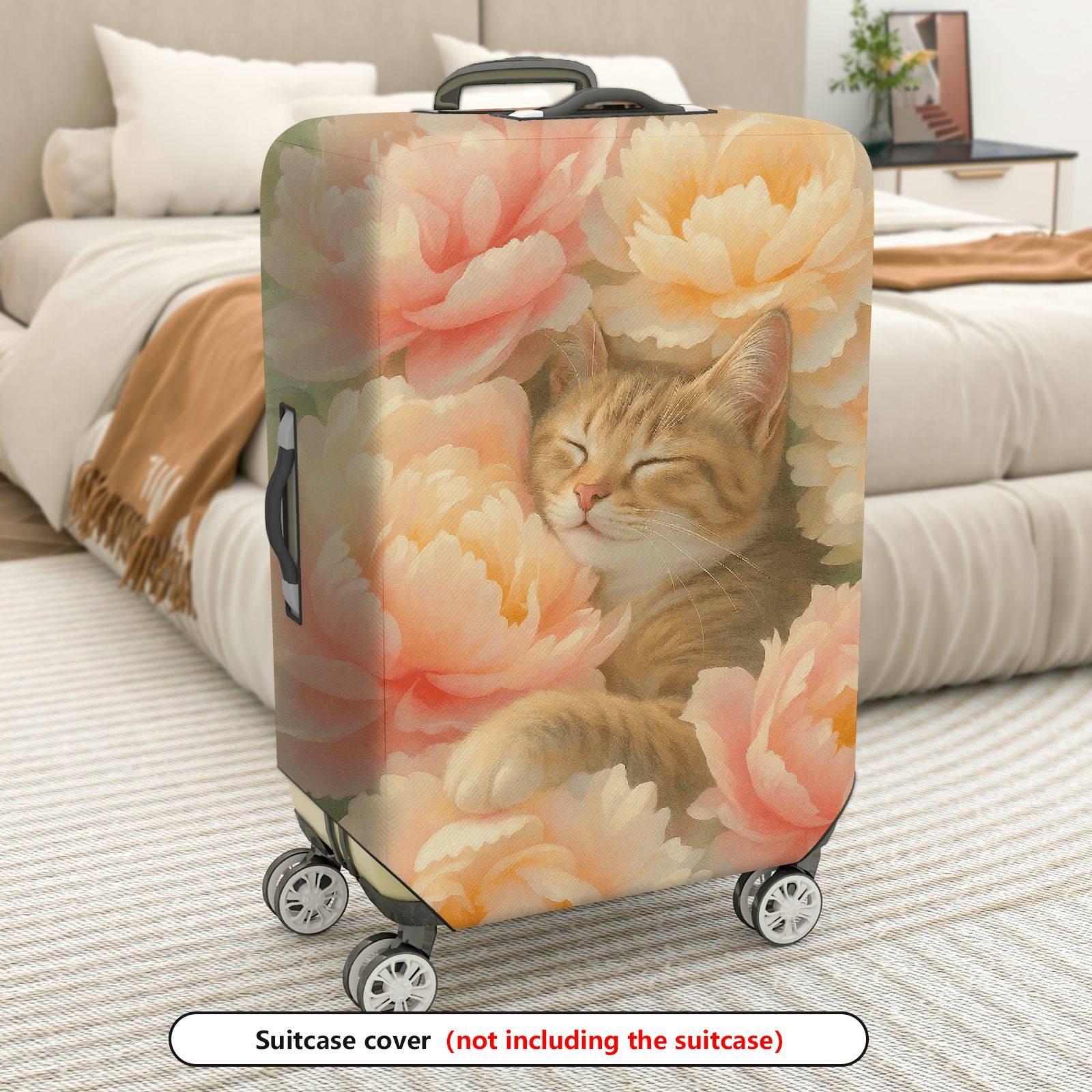1-Piece Floral Cat Peony Blossom Nature Art  Suitcase Luggage Cover, Stretch Protective Sleeve