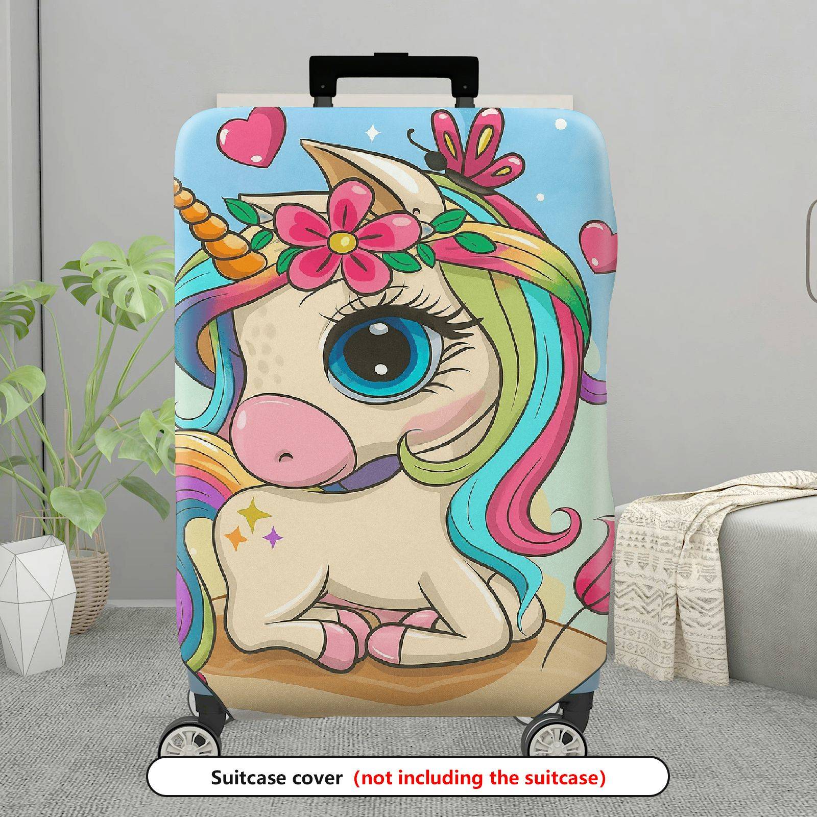 1-Piece Cute Colorful Unicorn Floral Heart Fantasy Rainbow  Suitcase Luggage Cover, Stretch Protective Sleeve