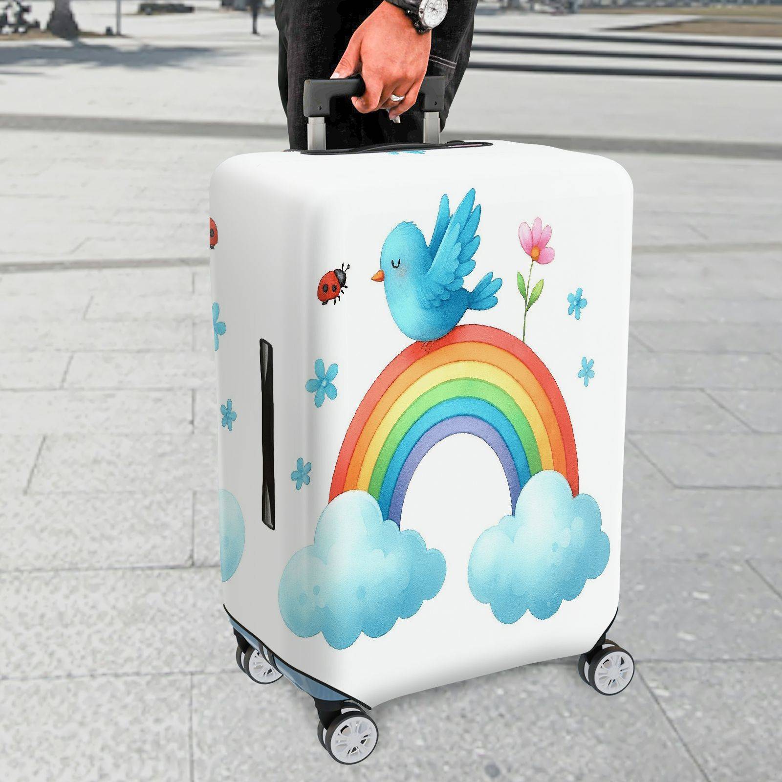 1-Piece Cute Rainbow Bird Clouds Flowers Ladybug  Suitcase Luggage Cover, Stretch Protective Sleeve