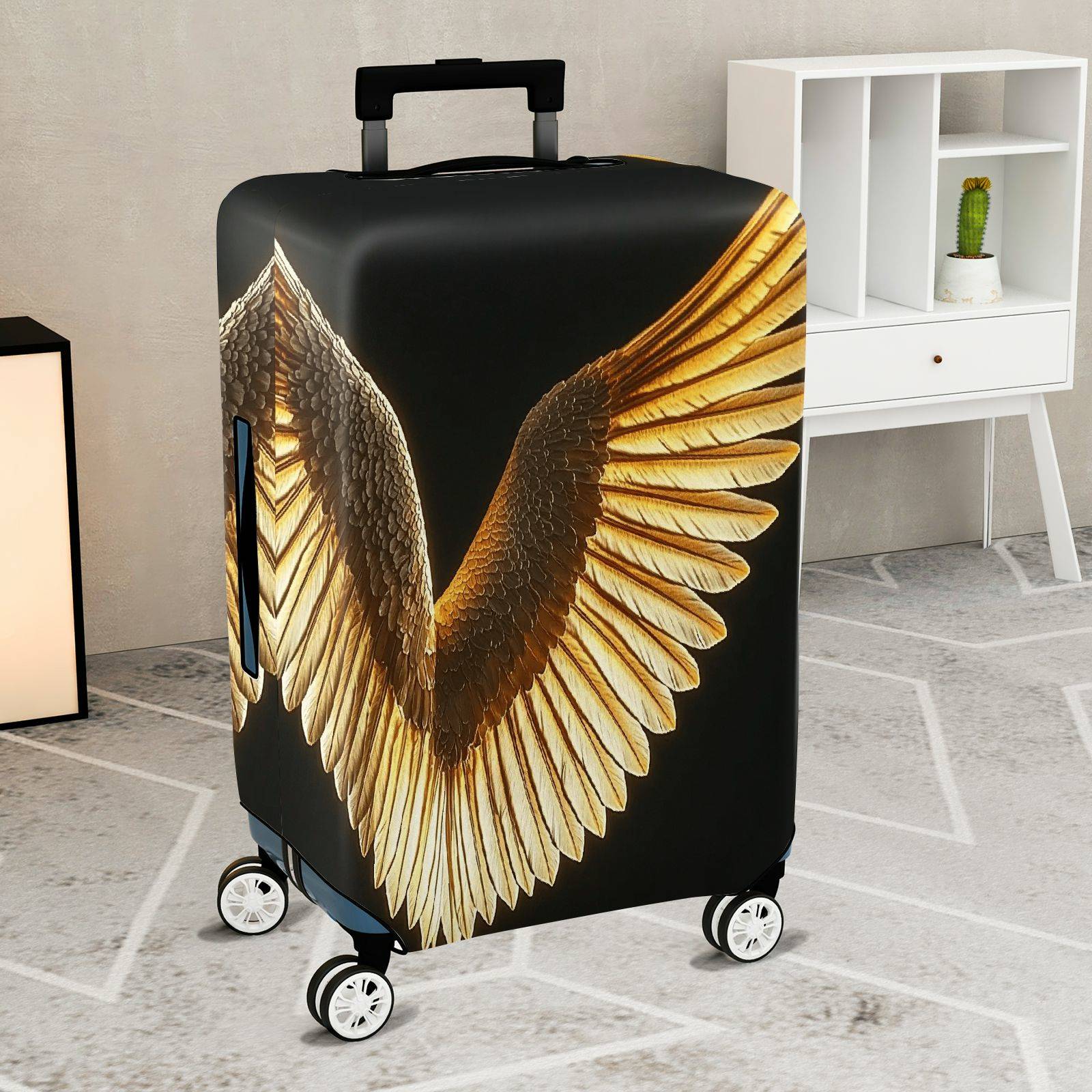 1-Piece Angel Wing Golden Black Artistic Stylish Unique Chic  Suitcase Luggage Cover, Stretch Protective Sleeve