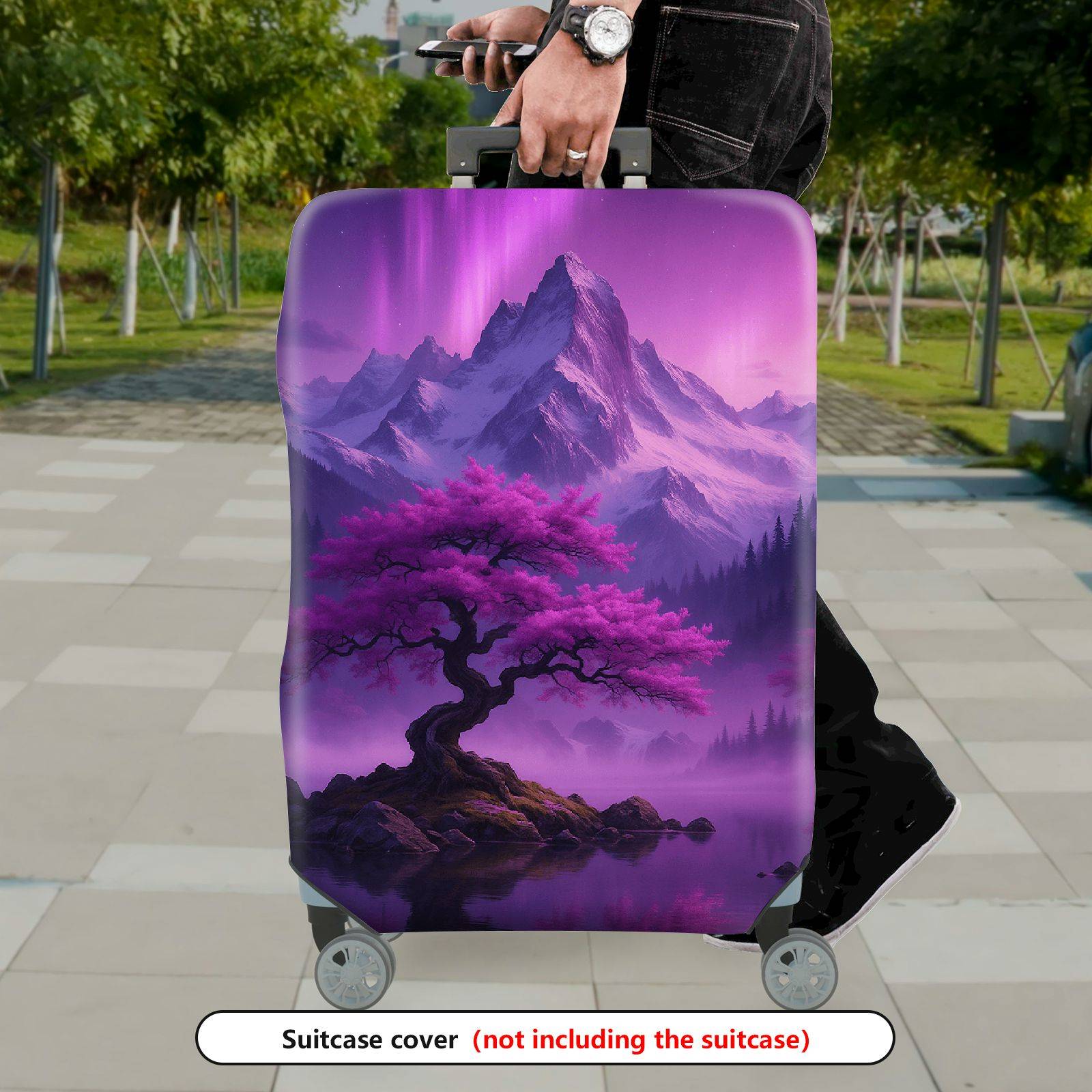 1-Piece Purple Mountain Aurora Landscape Sakura Tree Nature  Suitcase Luggage Cover, Stretch Protective Sleeve