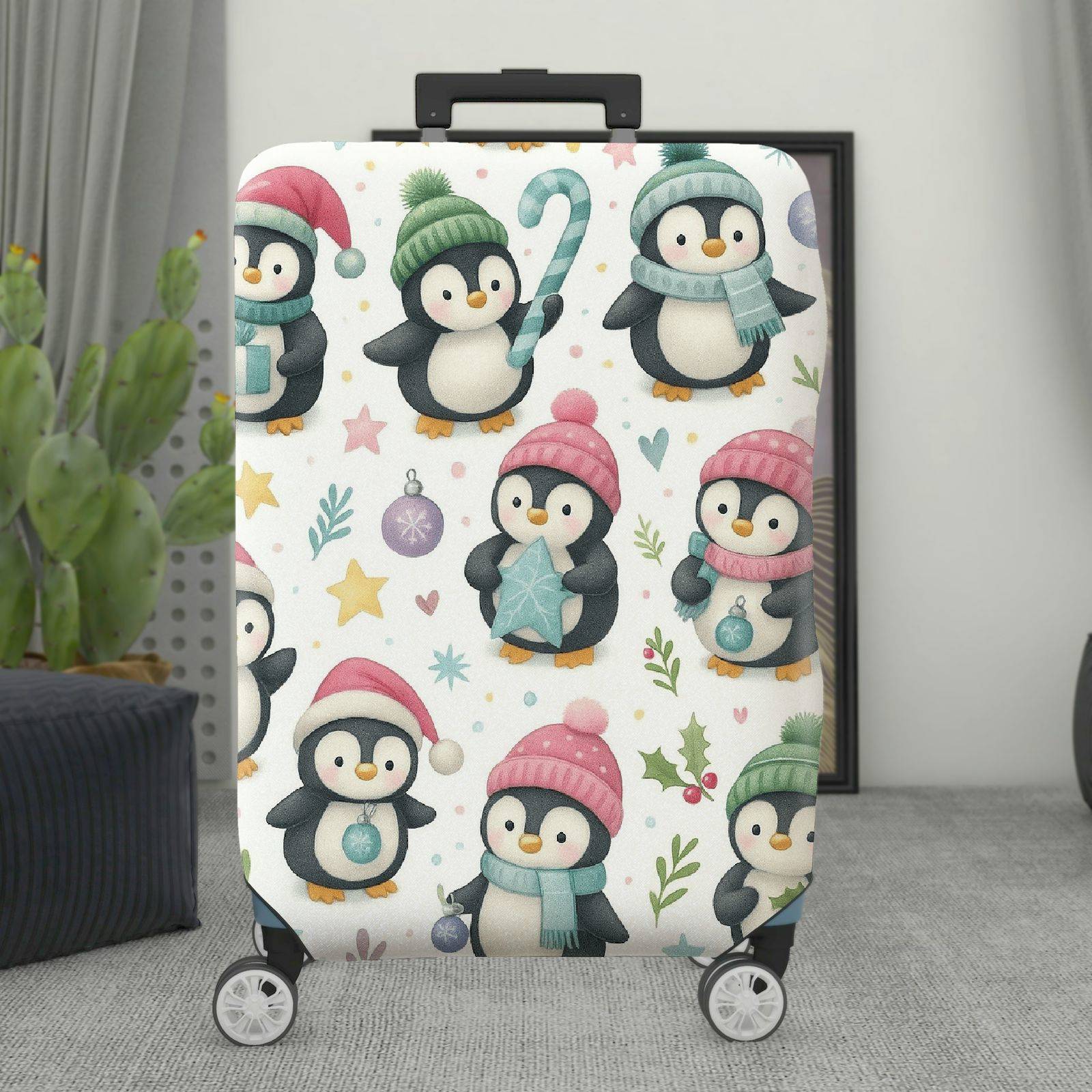 1-Piece Cute Festive Penguin Winter Holiday Christmas  Suitcase Luggage Cover, Stretch Protective Sleeve