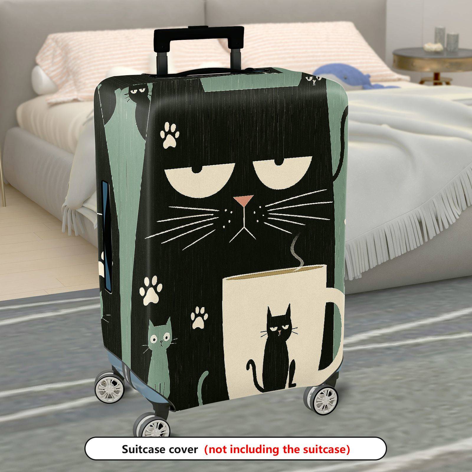 1-Piece Black Cat Coffee Paw Whiskers Cute  Suitcase Luggage Cover, Stretch Protective Sleeve