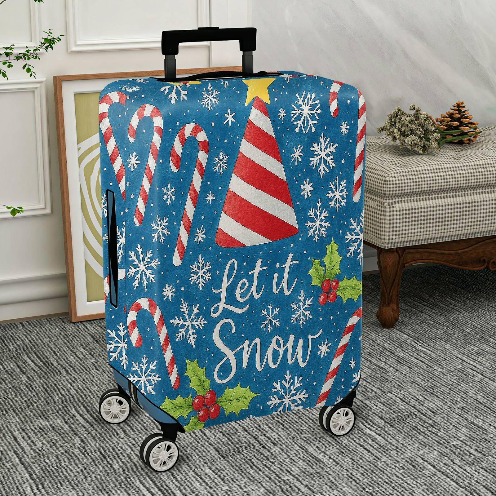 1-Piece Christmas Holiday Candy Cane Snowflake Holly Blue  Suitcase Luggage Cover, Stretch Protective Sleeve