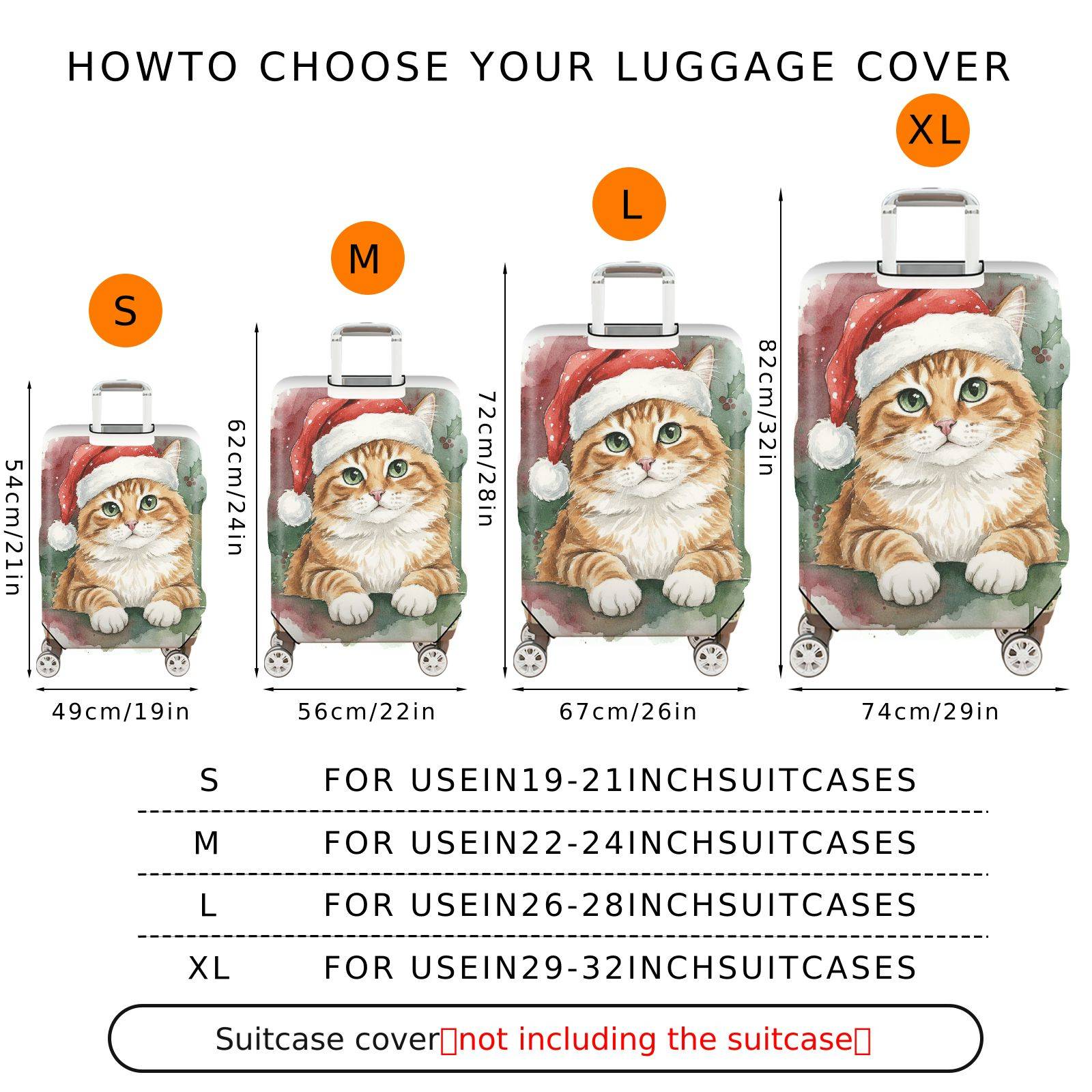 1-Piece Christmas Cat Santa Hat Watercolor Holiday  Suitcase Luggage Cover, Stretch Protective Sleeve