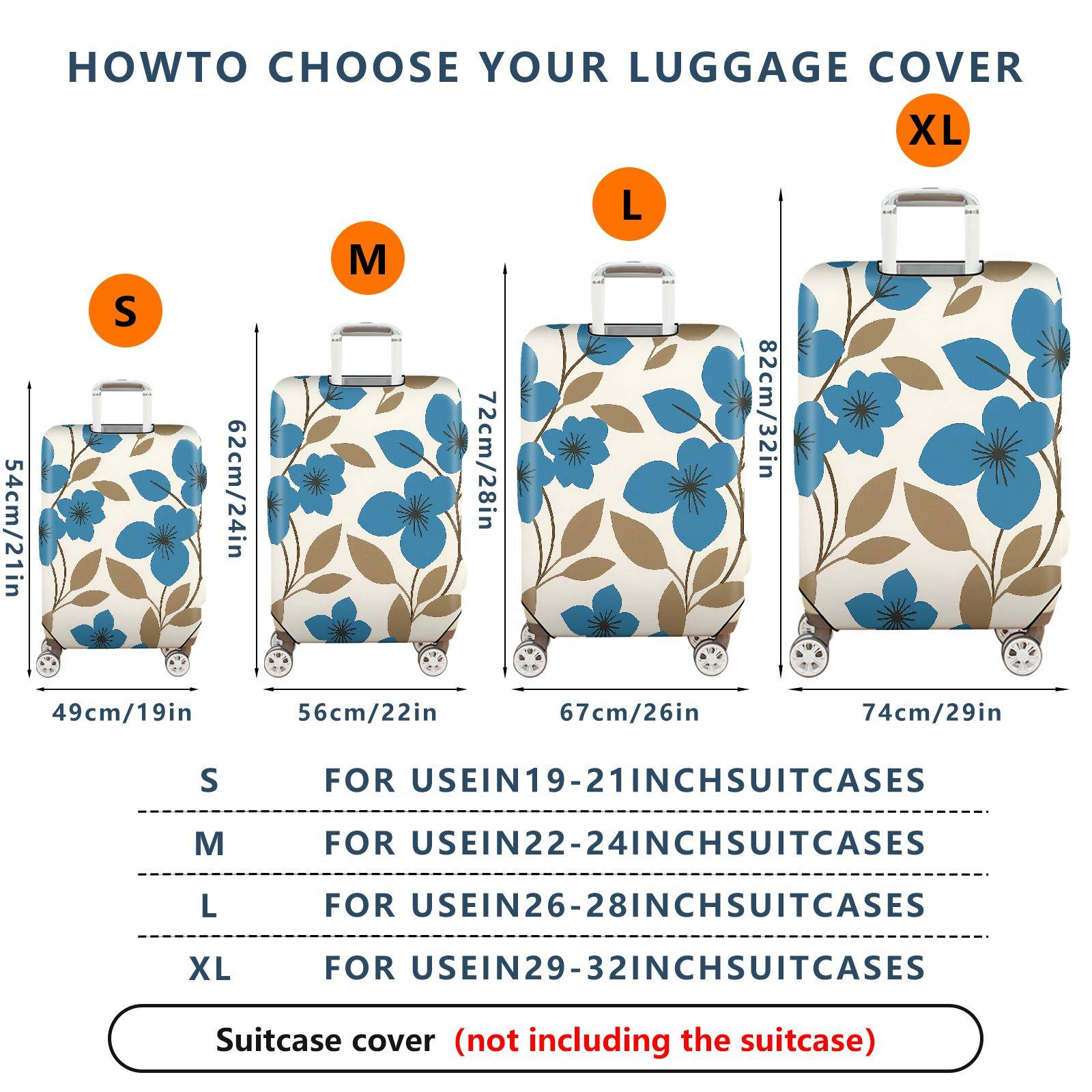 1-Piece Blue Floral Print Decorative  Suitcase Luggage Cover, Stretch Protective Sleeve