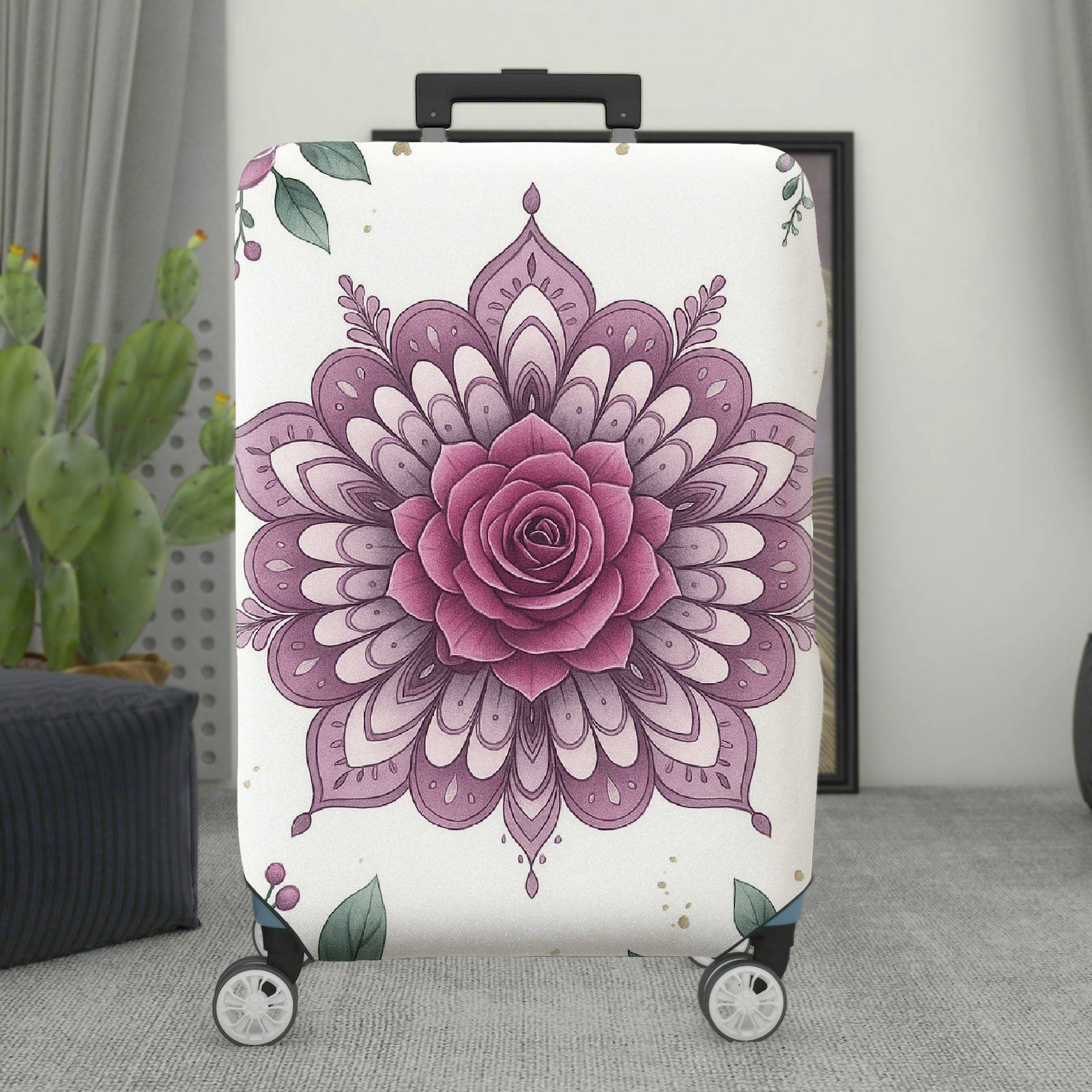 1-Piece Floral Mandala Rose Leaf Artistic Bohemian Spiritual  Suitcase Luggage Cover, Stretch Protective Sleeve