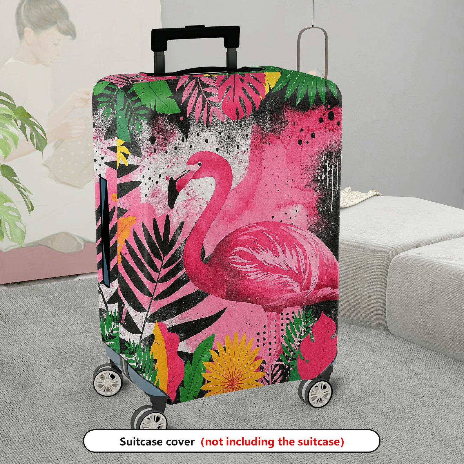 1-Piece Pink Flamingo Tropical Leaves Abstract Artistic Bright  Suitcase Luggage Cover, Stretch Protective Sleeve