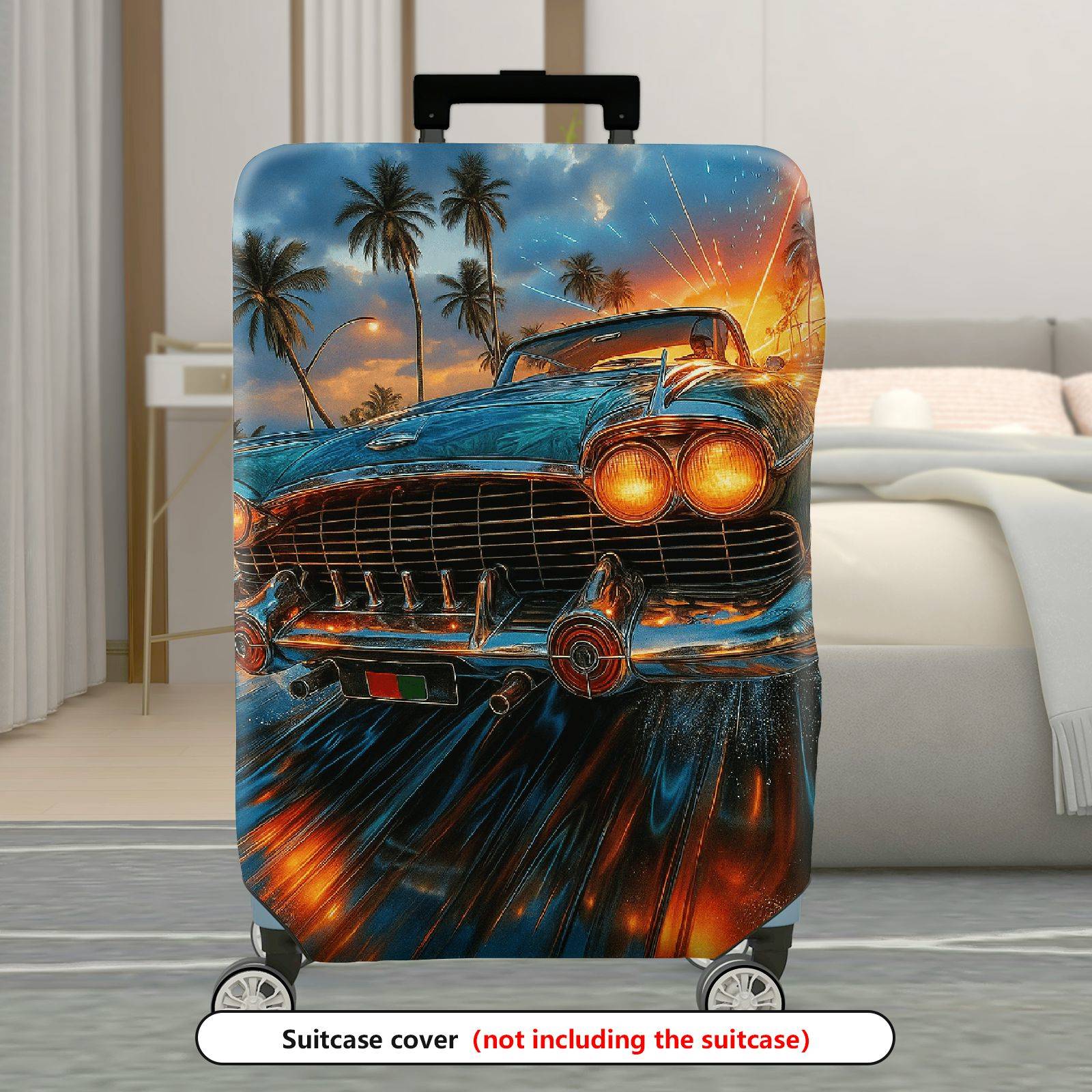 1-Piece Vintage Car Tropical Palm Sunset Fireworks Artistic  Suitcase Luggage Cover, Stretch Protective Sleeve