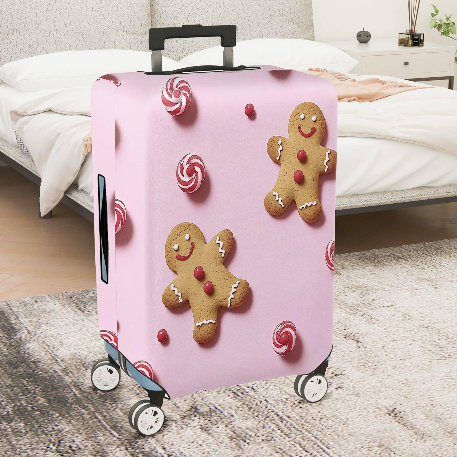 1-Piece Gingerbread Candy Pink Festive Holiday Christmas  Suitcase Luggage Cover, Stretch Protective Sleeve