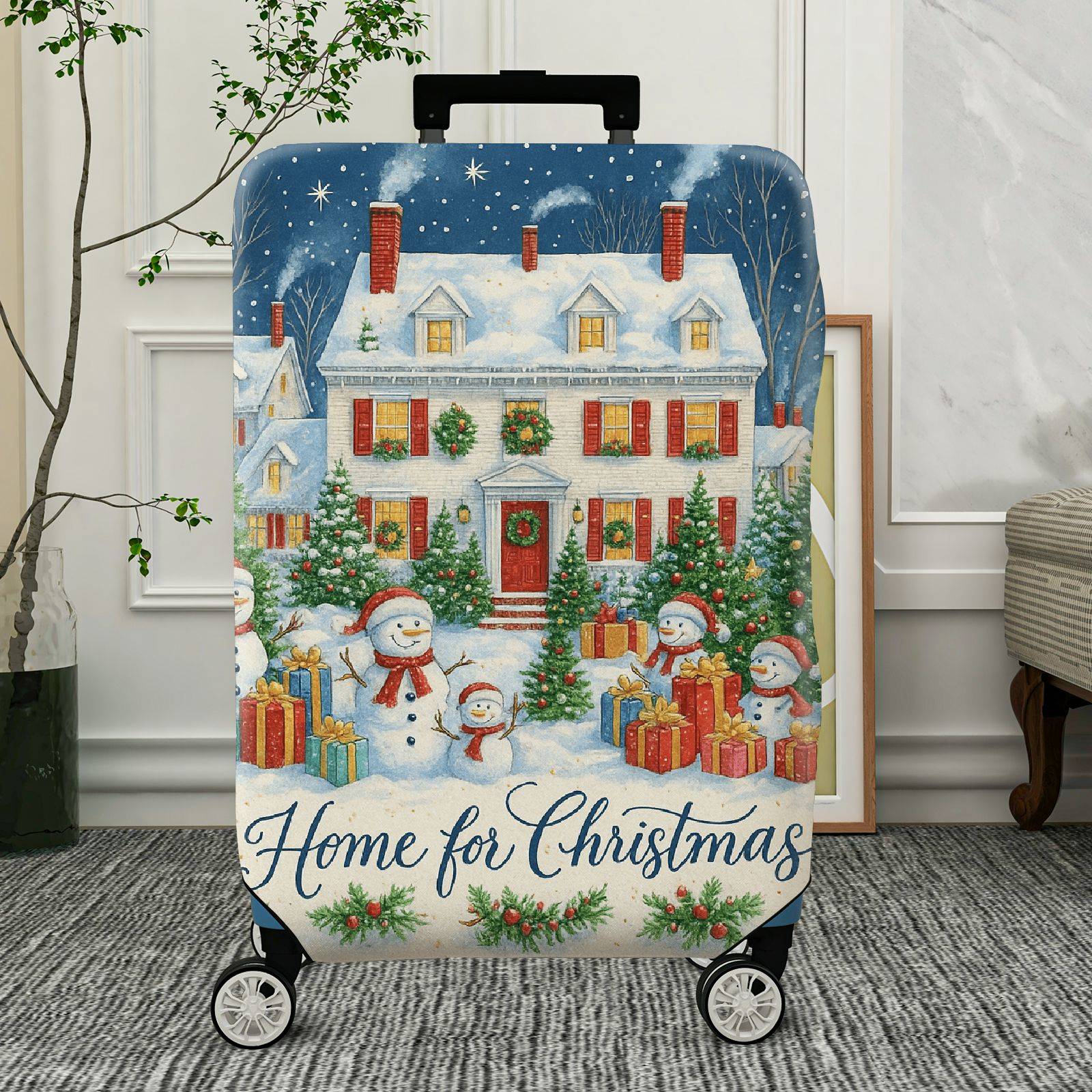 1-Piece Snowman Christmas Celebration Winter Holiday Gift House  Suitcase Luggage Cover, Stretch Protective Sleeve
