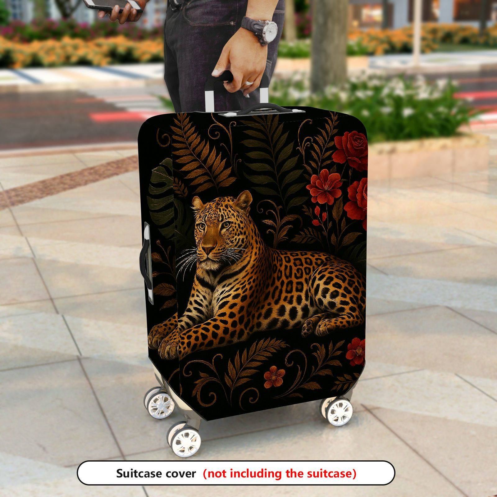 1-Piece Animal Floral Pattern Leopard Rose Leaf Art  Suitcase Luggage Cover, Stretch Protective Sleeve