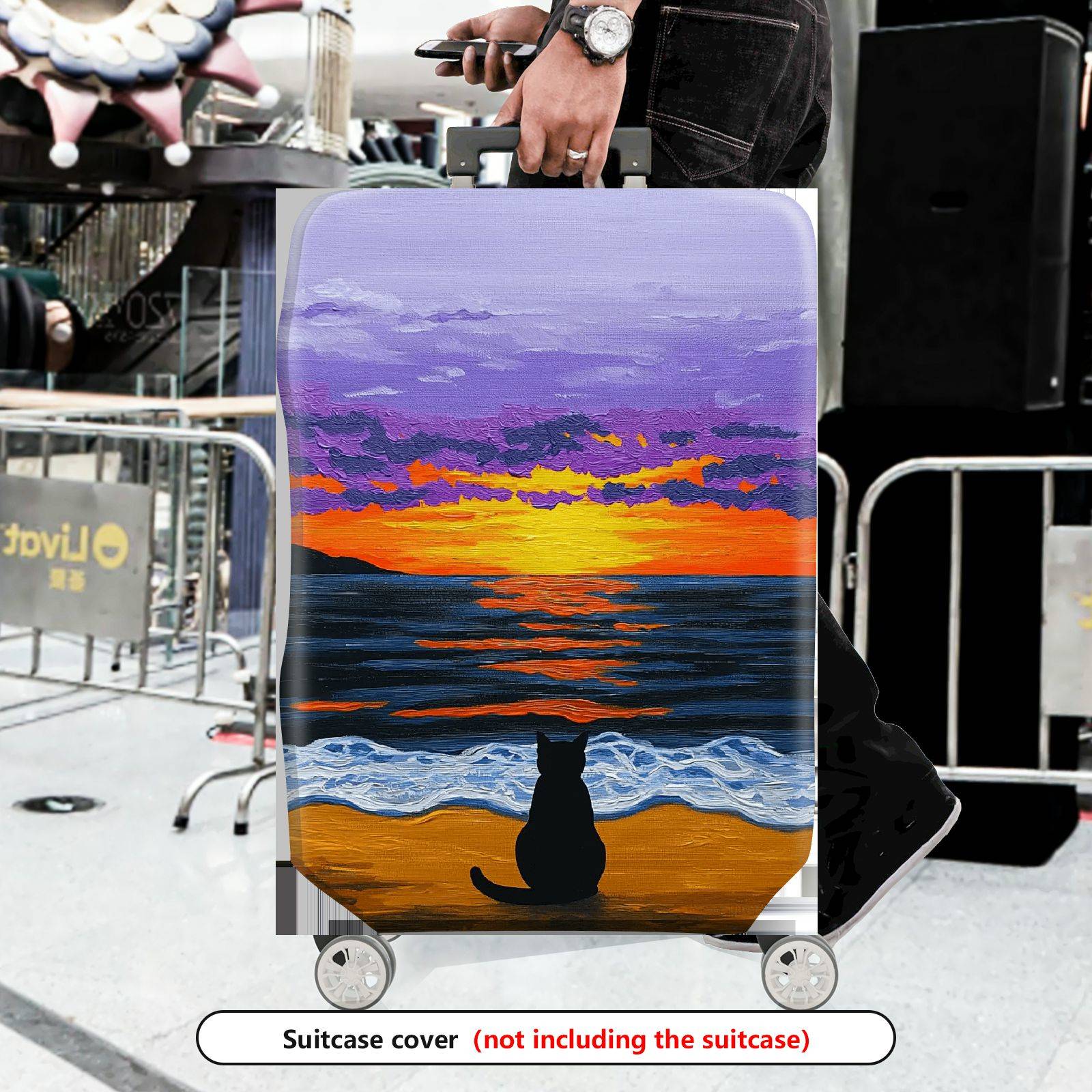 1-Piece Sunset Ocean Cat Beach Evening Landscape  Suitcase Luggage Cover, Stretch Protective Sleeve
