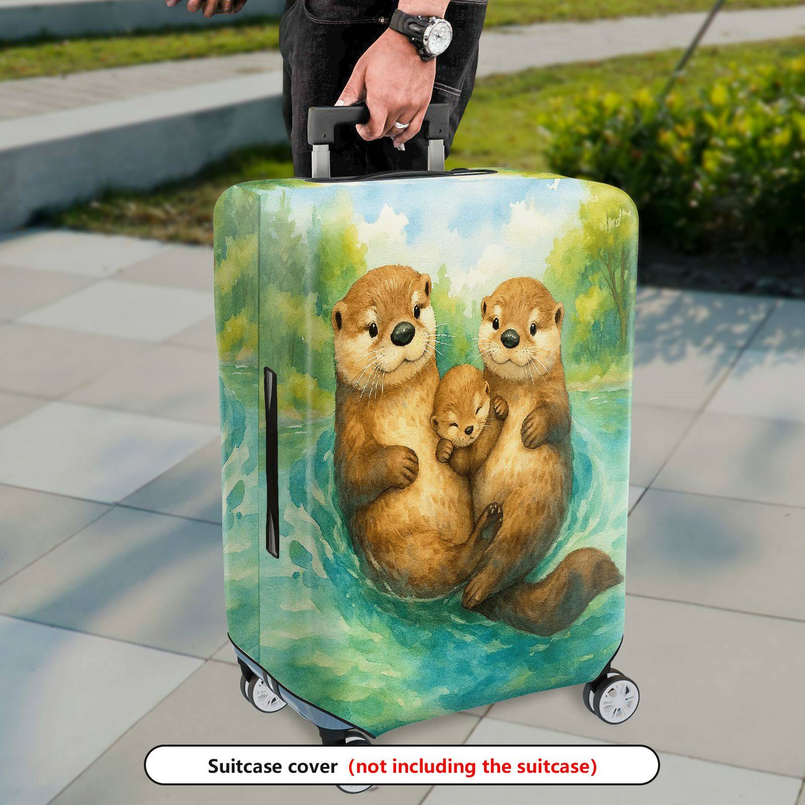 1-Piece Adorable Otter Watercolor Art  Nature Family  Suitcase Luggage Cover, Stretch Protective Sleeve