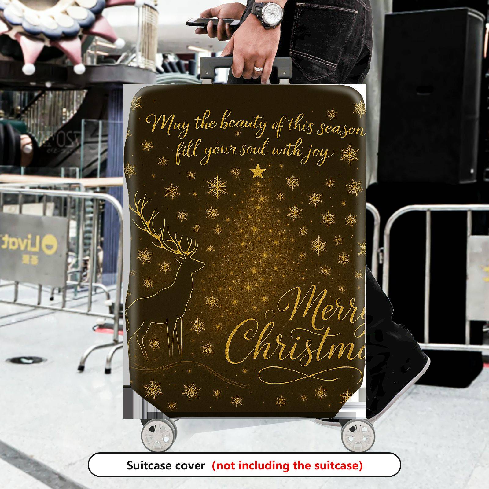 1-Piece Reindeer Snowflakes Gold Merry Christmas Holiday  Suitcase Luggage Cover, Stretch Protective Sleeve