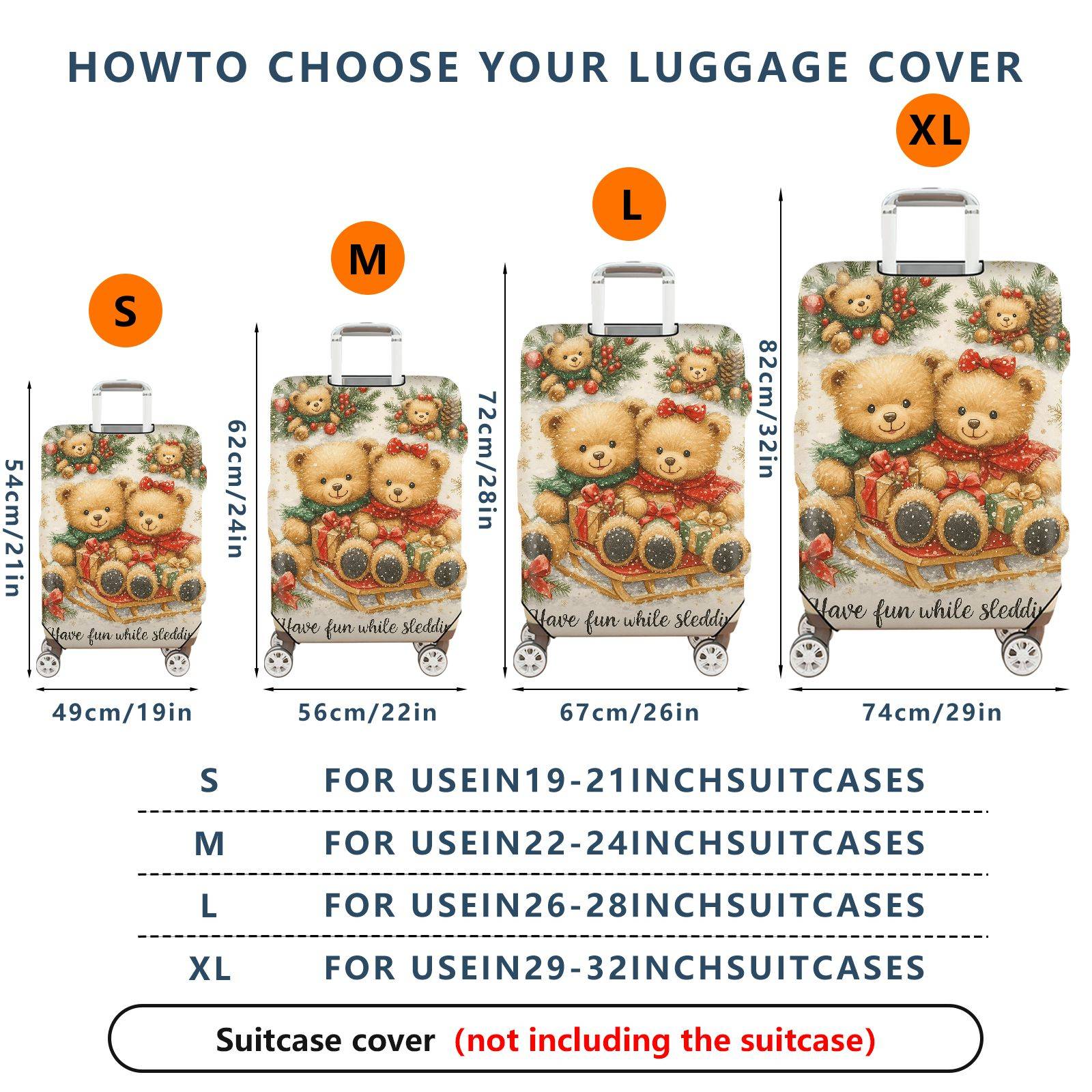 1-Piece Christmas Teddy Bear Snow Winter Holiday  Suitcase Luggage Cover, Stretch Protective Sleeve