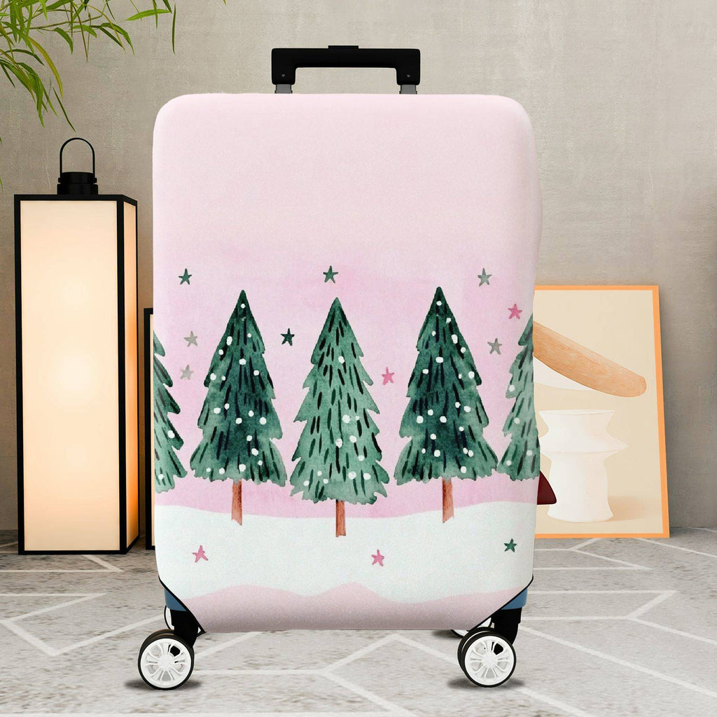 1-Piece Christmas Tree Snow Stars Pink Green Winter Holiday  Suitcase Luggage Cover, Stretch Protective Sleeve