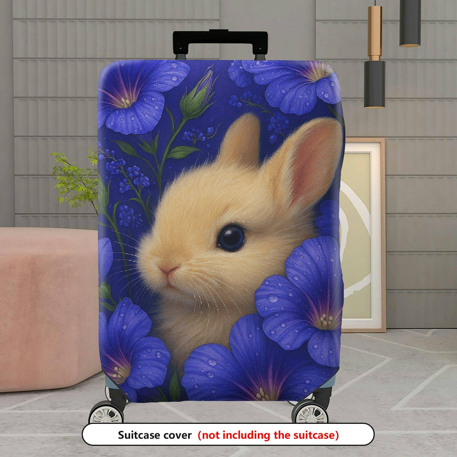 1-Piece Bunny Floral Blue Nature Cute Adorable  Suitcase Luggage Cover, Stretch Protective Sleeve