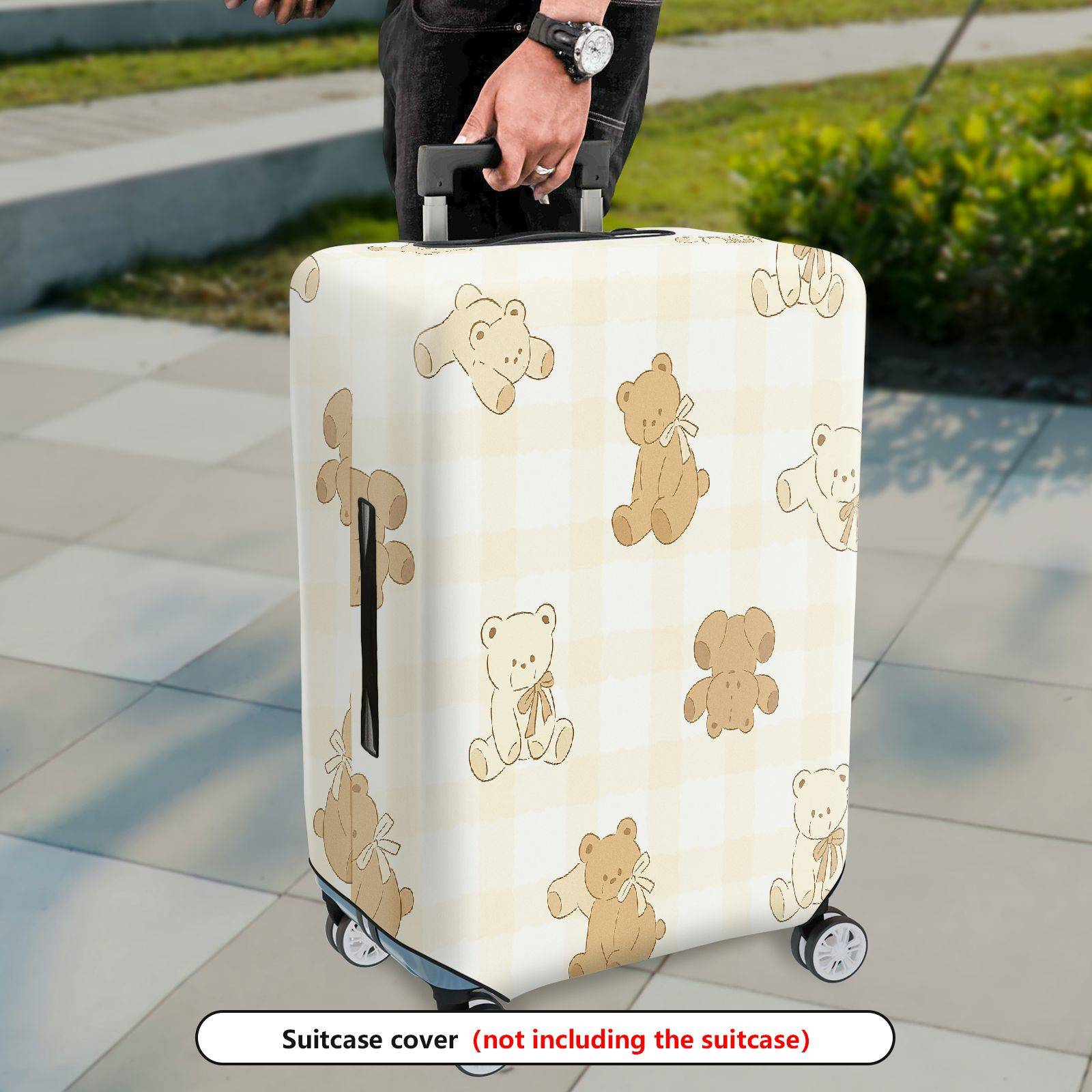 1-Piece Cute Bear Plaid Beige Soft Travel Holiday  Suitcase Luggage Cover, Stretch Protective Sleeve