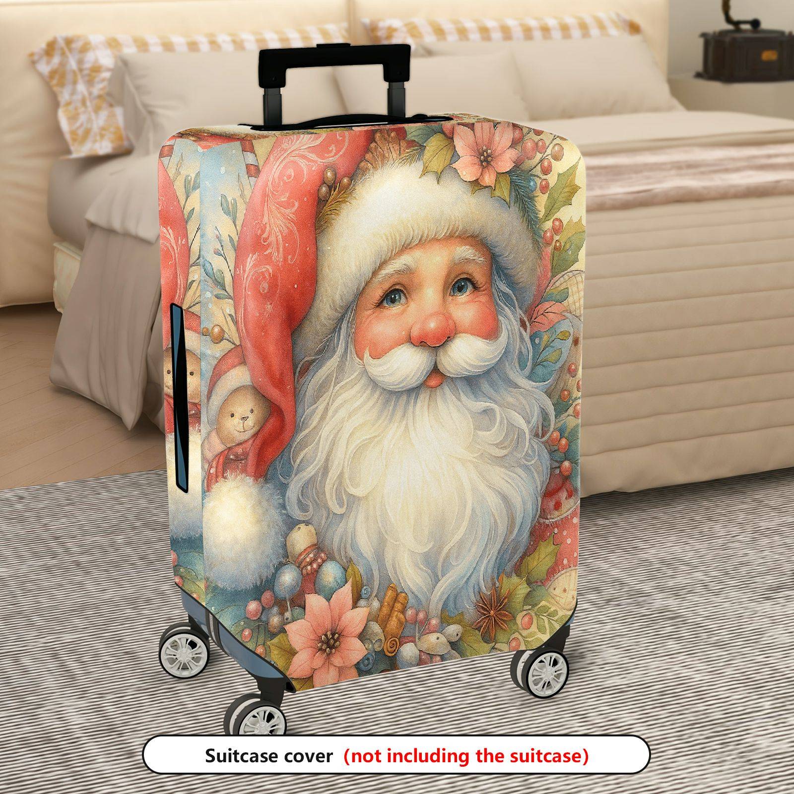 1-Piece Christmas Santa Claus Floral Holiday Winter  Suitcase Luggage Cover, Stretch Protective Sleeve