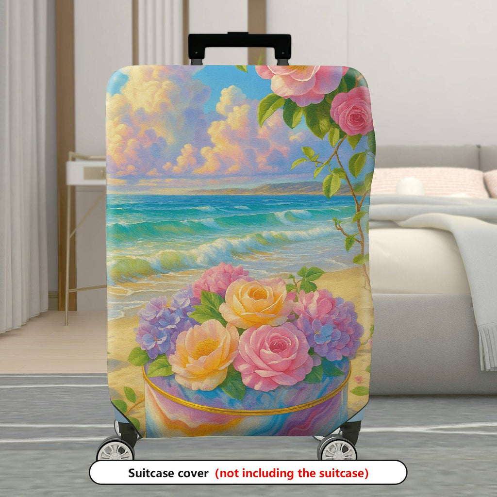 1-Piece Beach Floral Sunset Scenic Sea Rose Hydrangea  Suitcase Luggage Cover, Stretch Protective Sleeve