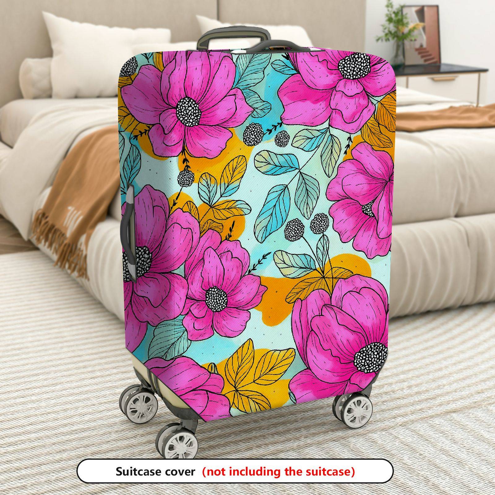 1-Piece Floral Pink Orange Blue Leaf Berry  Suitcase Luggage Cover, Stretch Protective Sleeve