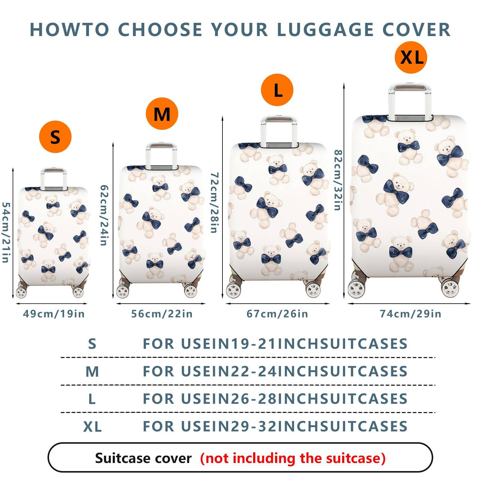 1-Piece Cute Teddy Bear Blue Bow Tie  Fun Playful  Suitcase Luggage Cover, Stretch Protective Sleeve