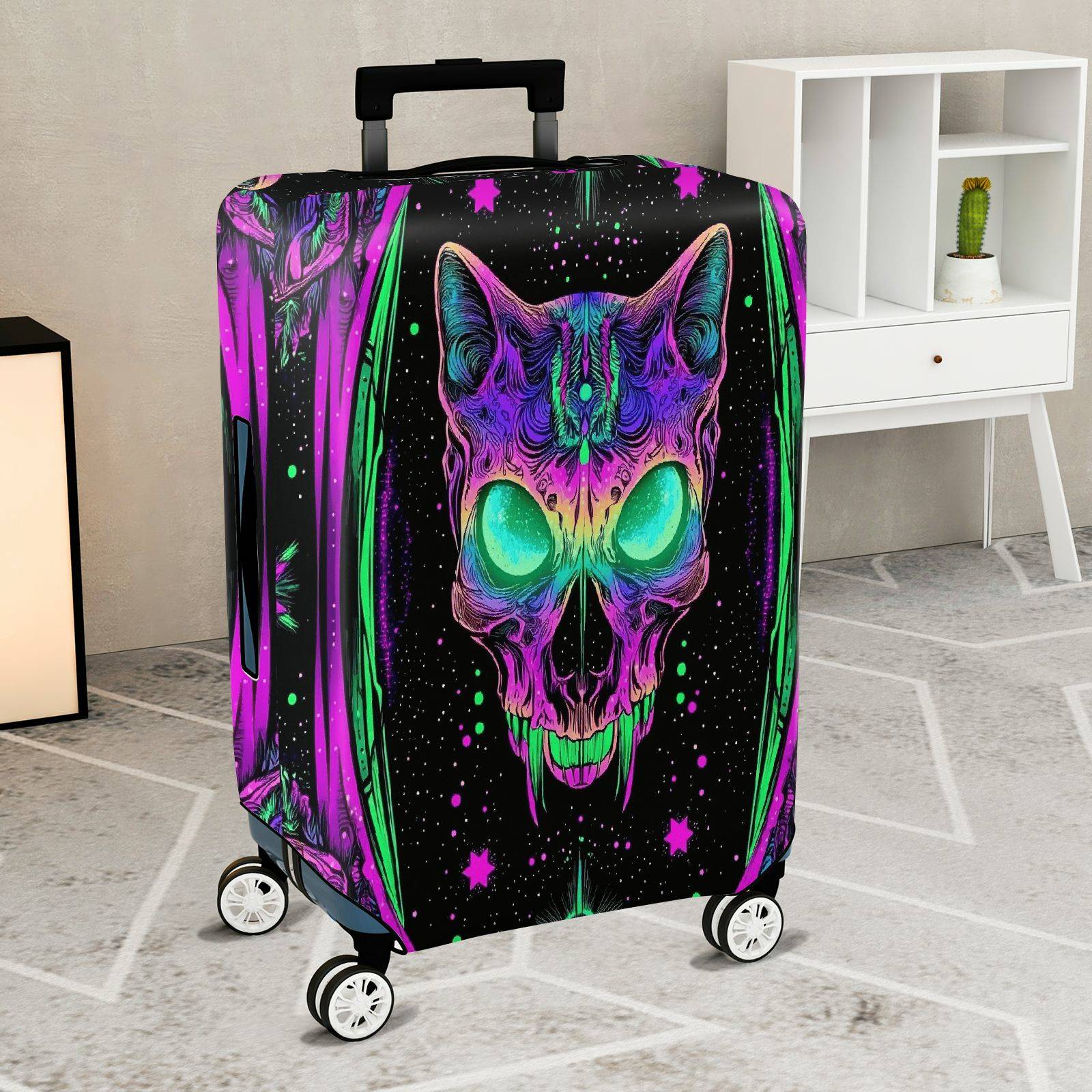 1-Piece Cat Skull Halloween Cosmic Psychedelic Unique  Suitcase Luggage Cover, Stretch Protective Sleeve
