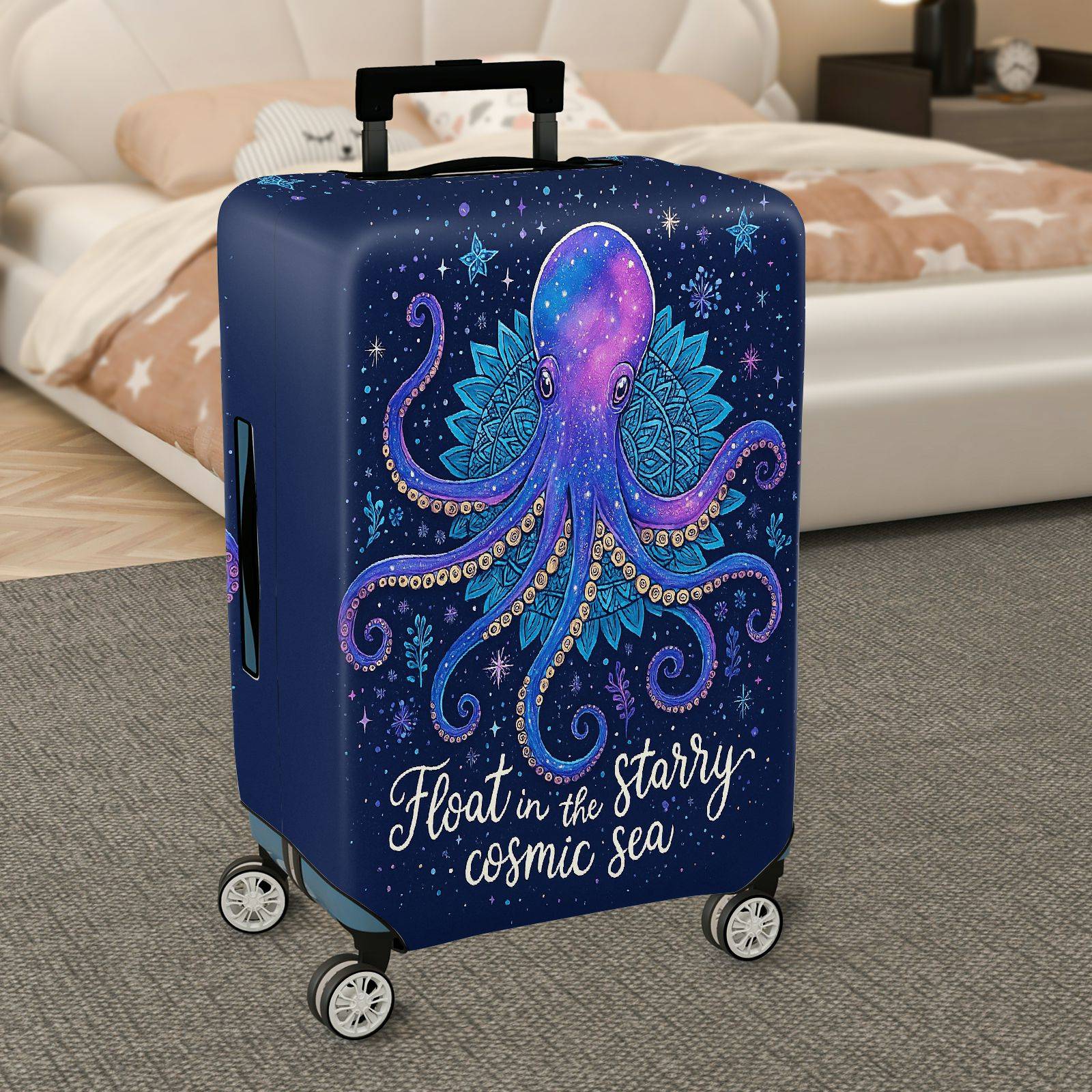 1-Piece Cosmic Octopus Starry Blue Space Mandala Marine  Suitcase Luggage Cover, Stretch Protective Sleeve