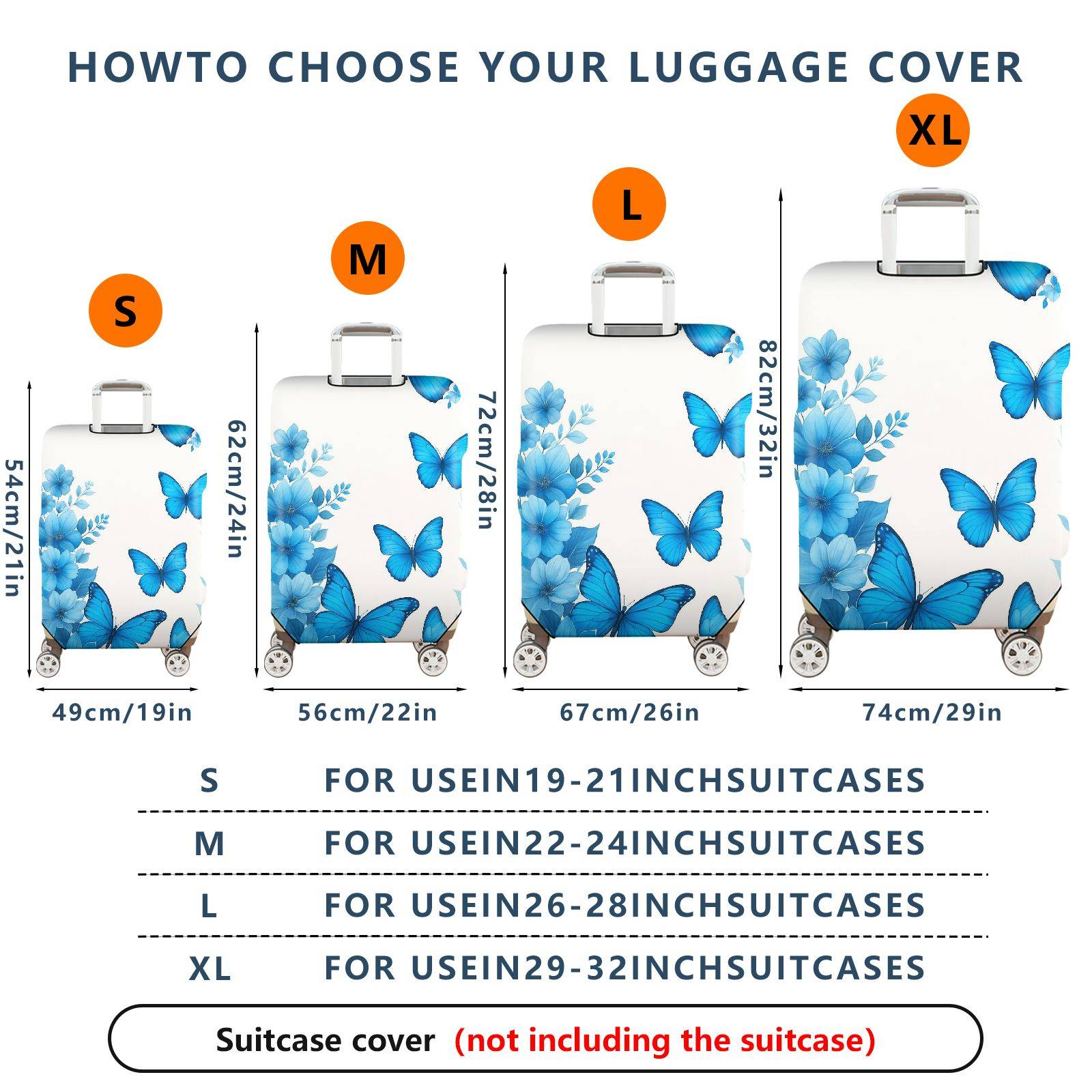 1-Piece Blue Butterfly Floral Nature Spring Summer Elegant  Suitcase Luggage Cover, Stretch Protective Sleeve