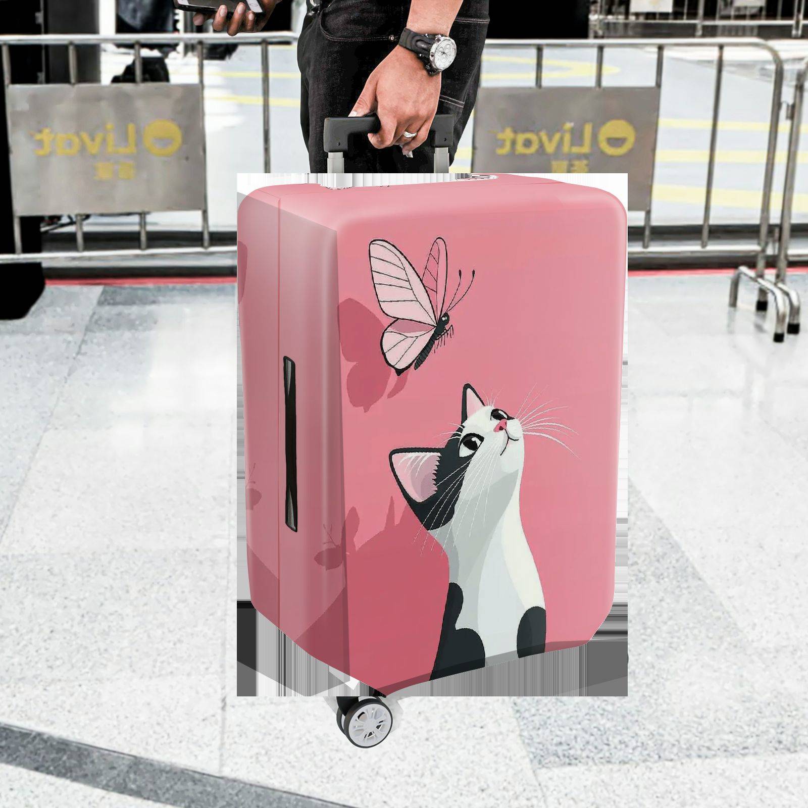1-Piece Pink Cat Butterfly Cute Whimsical Fun  Suitcase Luggage Cover, Stretch Protective Sleeve