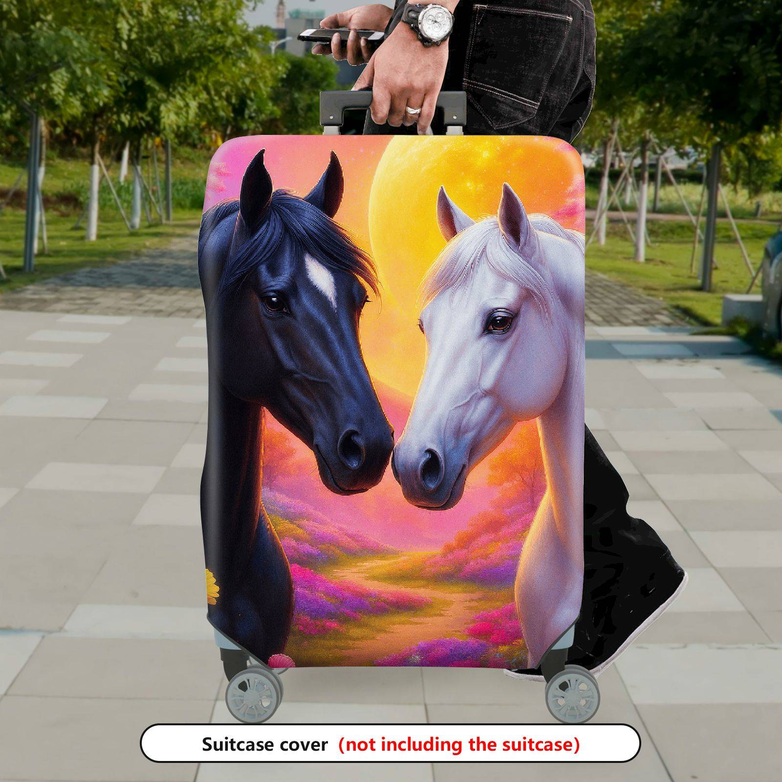 1-Piece Horse Sunset Floral Art Romance Colorful  Suitcase Luggage Cover, Stretch Protective Sleeve