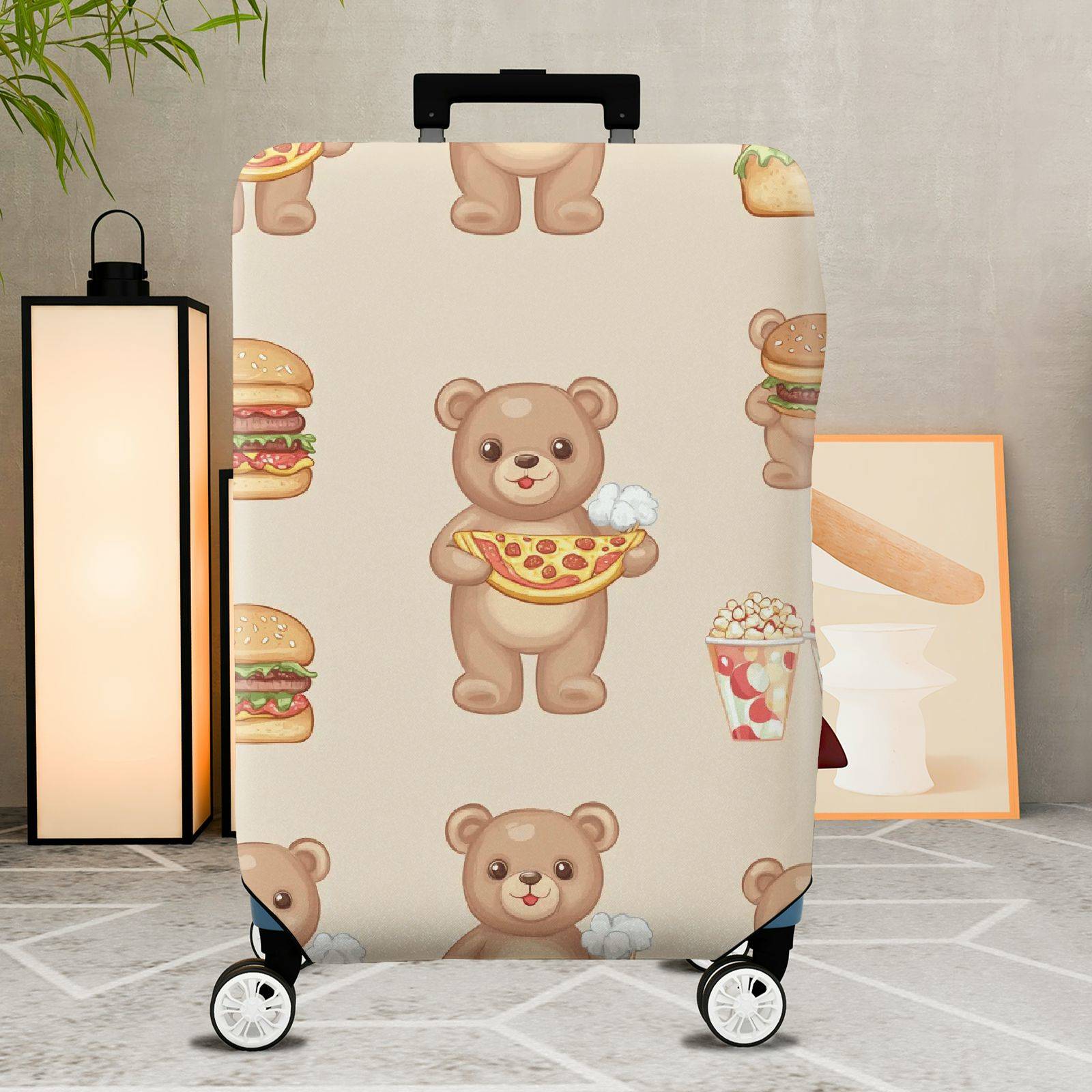 1-Piece Cute Bear Pizza Burger Popcorn Food  Suitcase Luggage Cover, Stretch Protective Sleeve