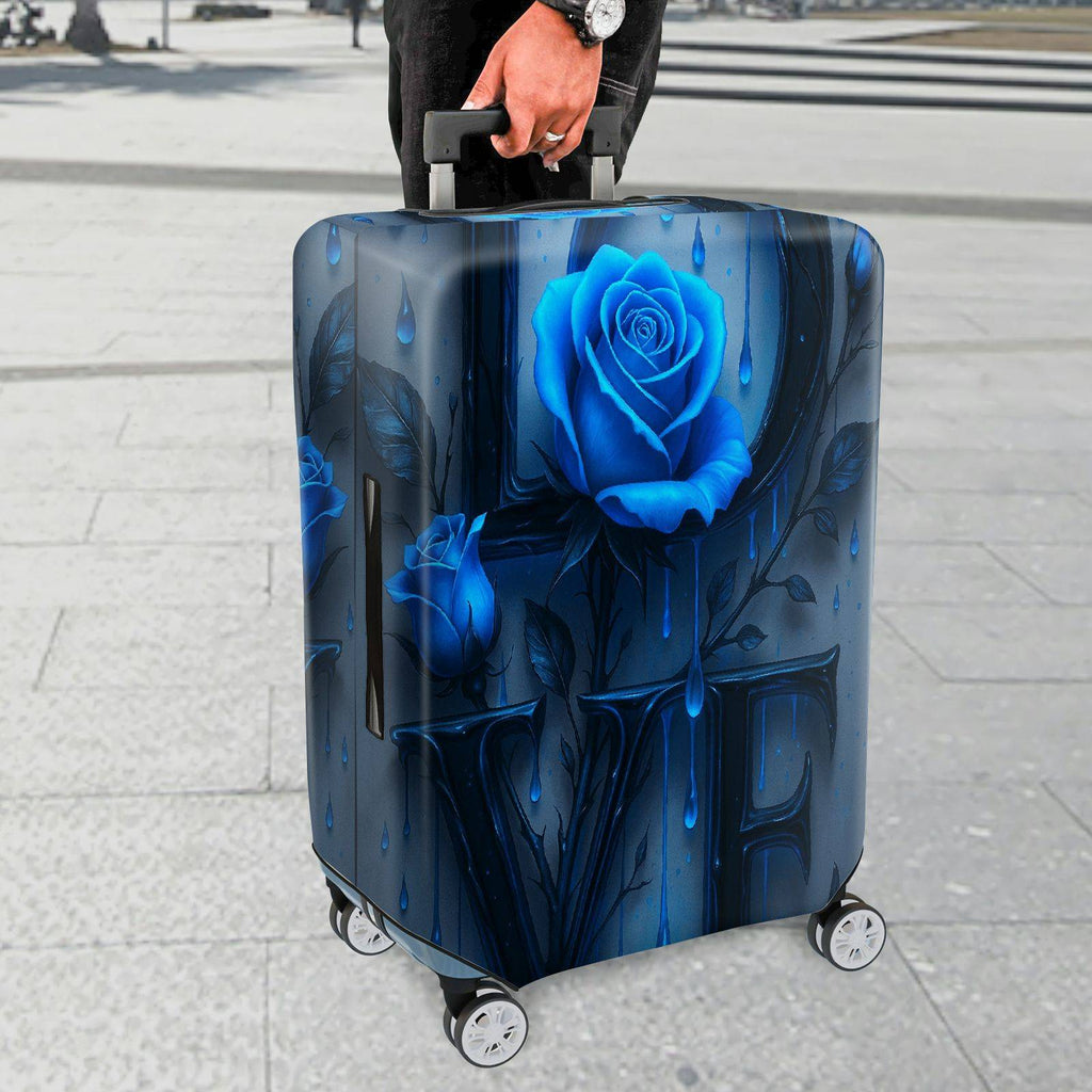 1-Piece Blue Rose Love Floral Art Pattern Letter  Suitcase Luggage Cover, Stretch Protective Sleeve
