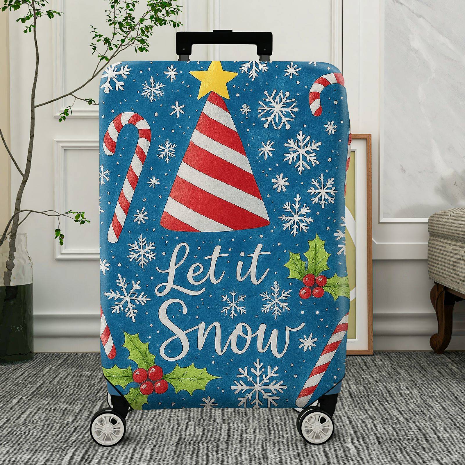 1-Piece Christmas Holiday Candy Cane Snowflake Holly Blue  Suitcase Luggage Cover, Stretch Protective Sleeve