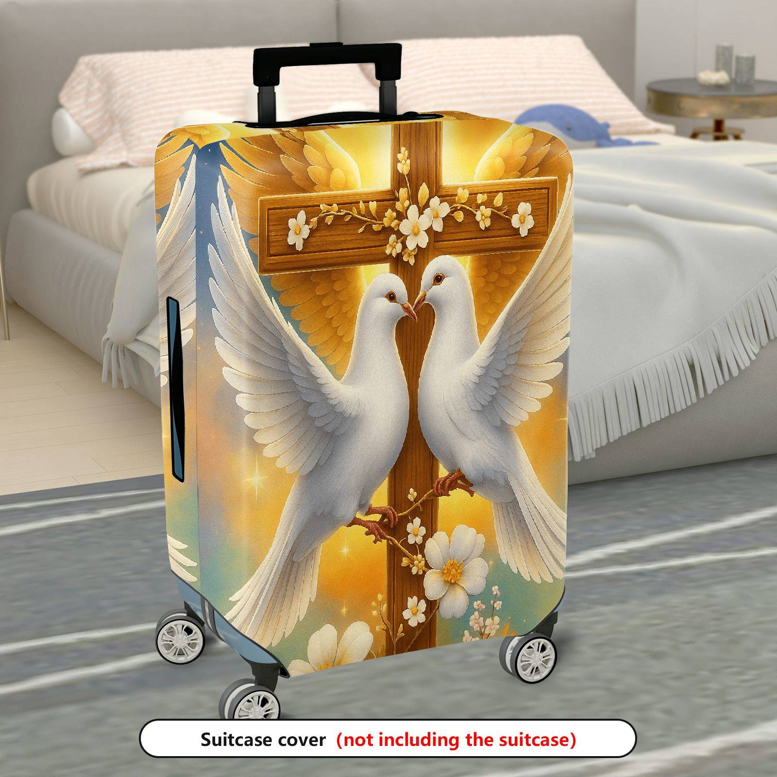 1-Piece Dove Cross Floral Religious Spiritual Peace  Suitcase Luggage Cover, Stretch Protective Sleeve