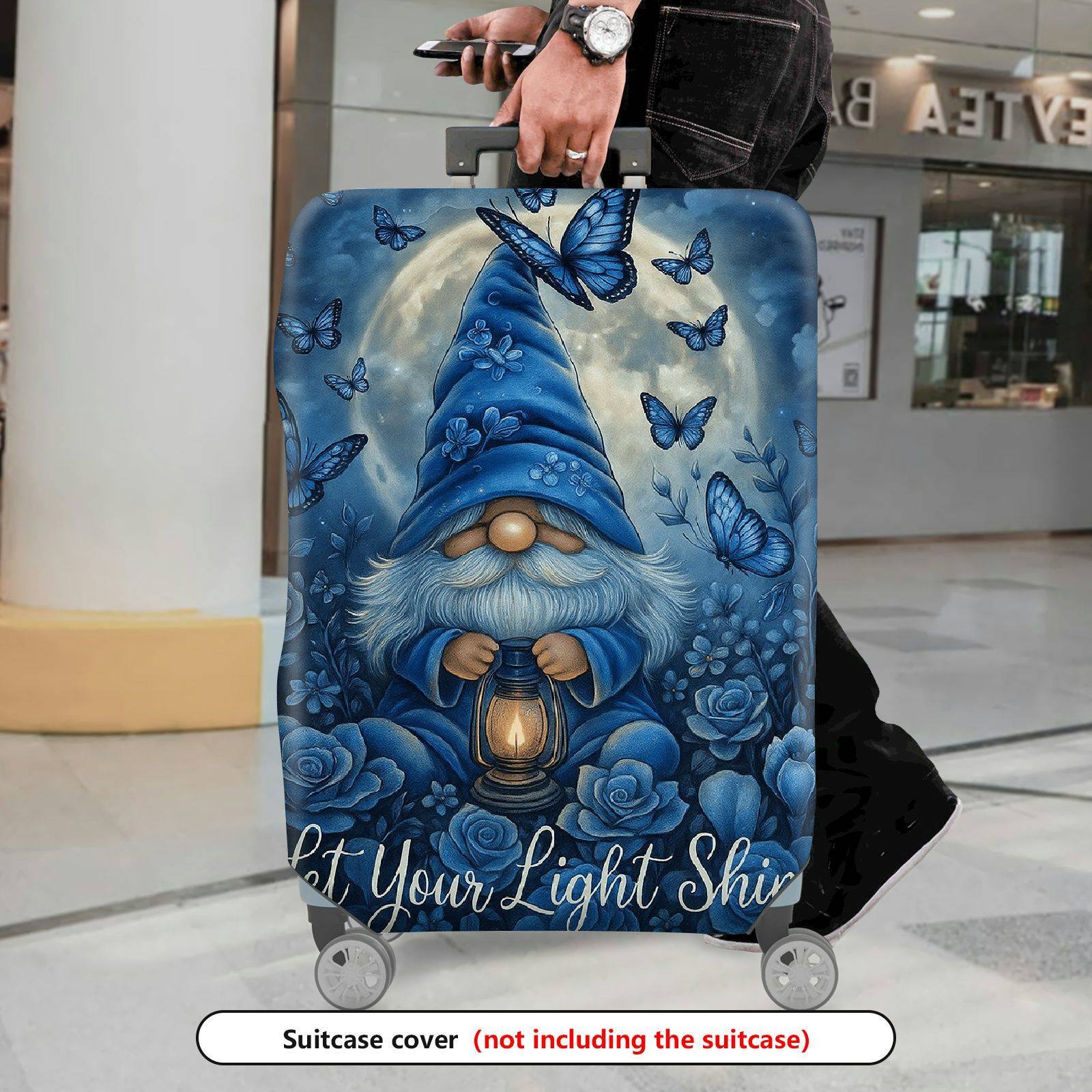 1-Piece Blue Gnome Lantern Moon Butterfly Floral  Suitcase Luggage Cover, Stretch Protective Sleeve