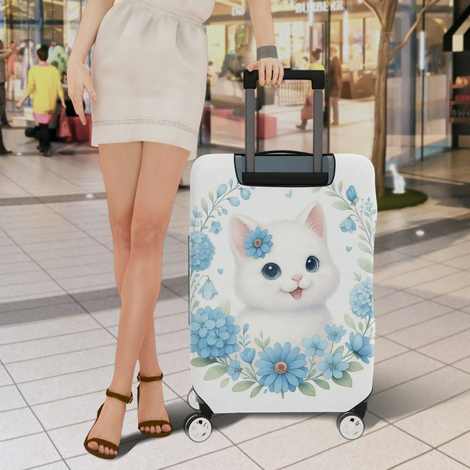 1-Piece Floral Cat Design Blooming Blue Daisy Leaves Nature  Suitcase Luggage Cover, Stretch Protective Sleeve