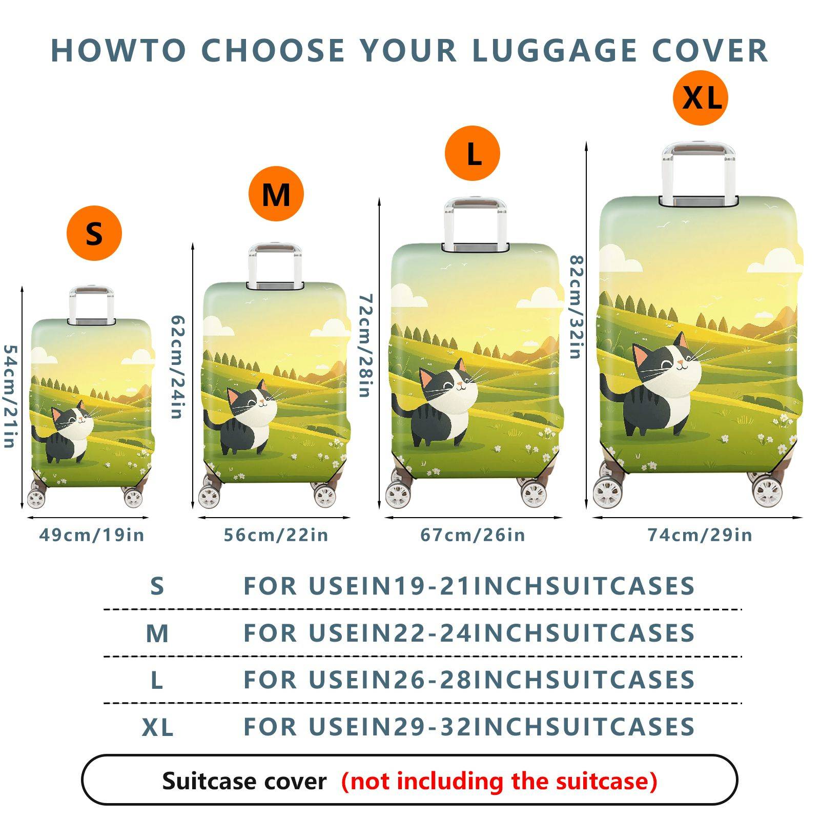 1-Piece Cute Cat Green Landscape  Animal  Suitcase Luggage Cover, Stretch Protective Sleeve