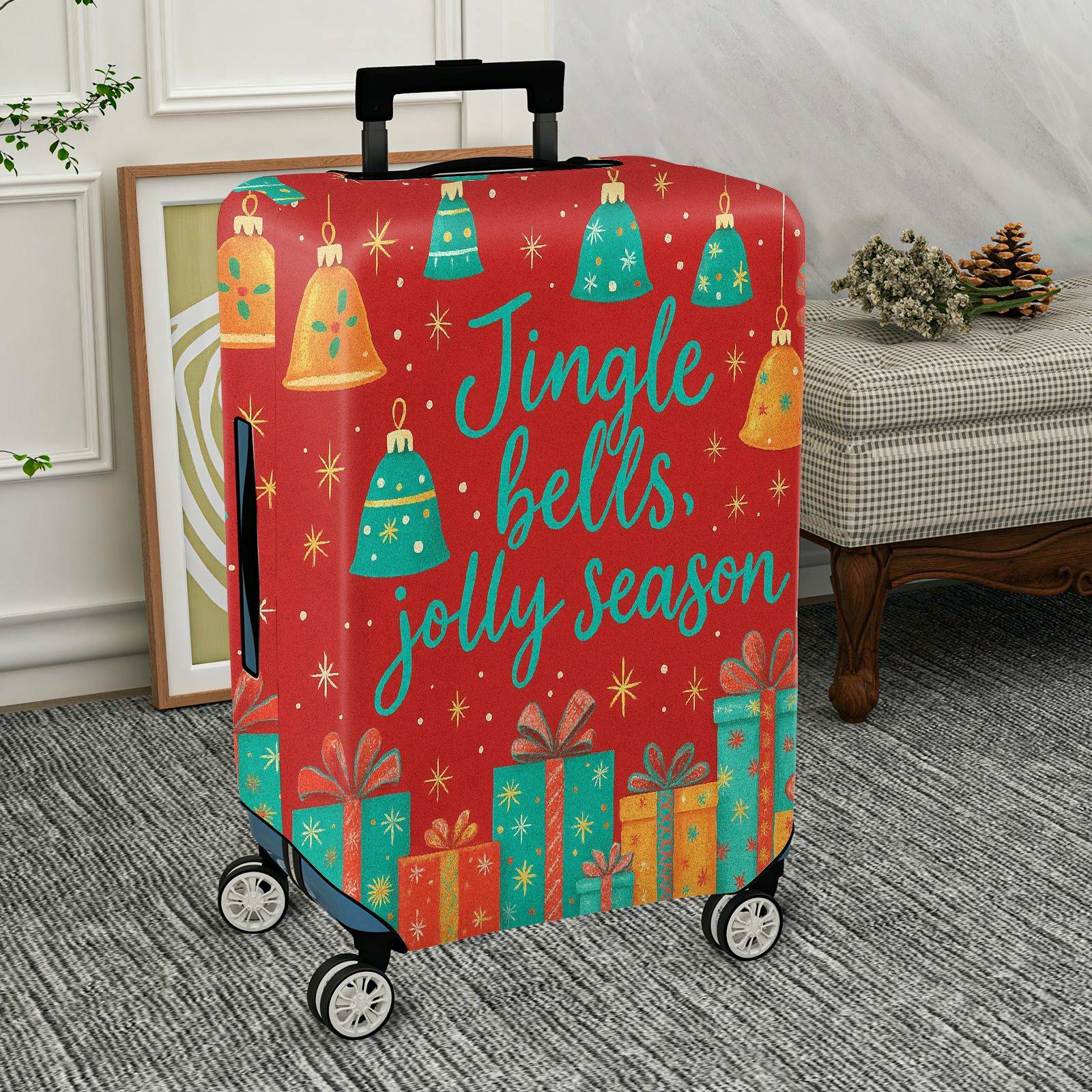 1-Piece Christmas Holiday Festive Bells Gifts  Suitcase Luggage Cover, Stretch Protective Sleeve
