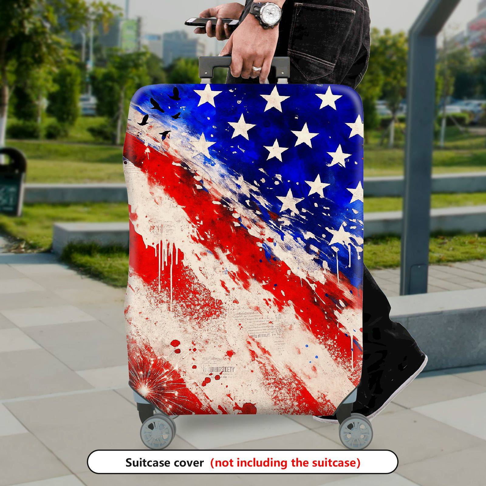 1-Piece American Flag Red White Blue Stars Abstract Fireworks  Suitcase Luggage Cover, Stretch Protective Sleeve