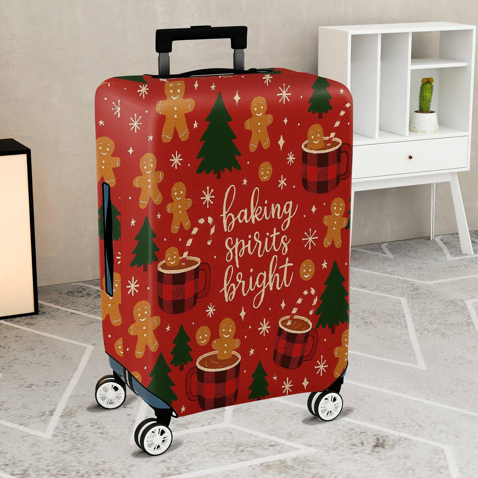 1-Piece Christmas Holiday Winter Gingerbread Coffee Tree  Suitcase Luggage Cover, Stretch Protective Sleeve